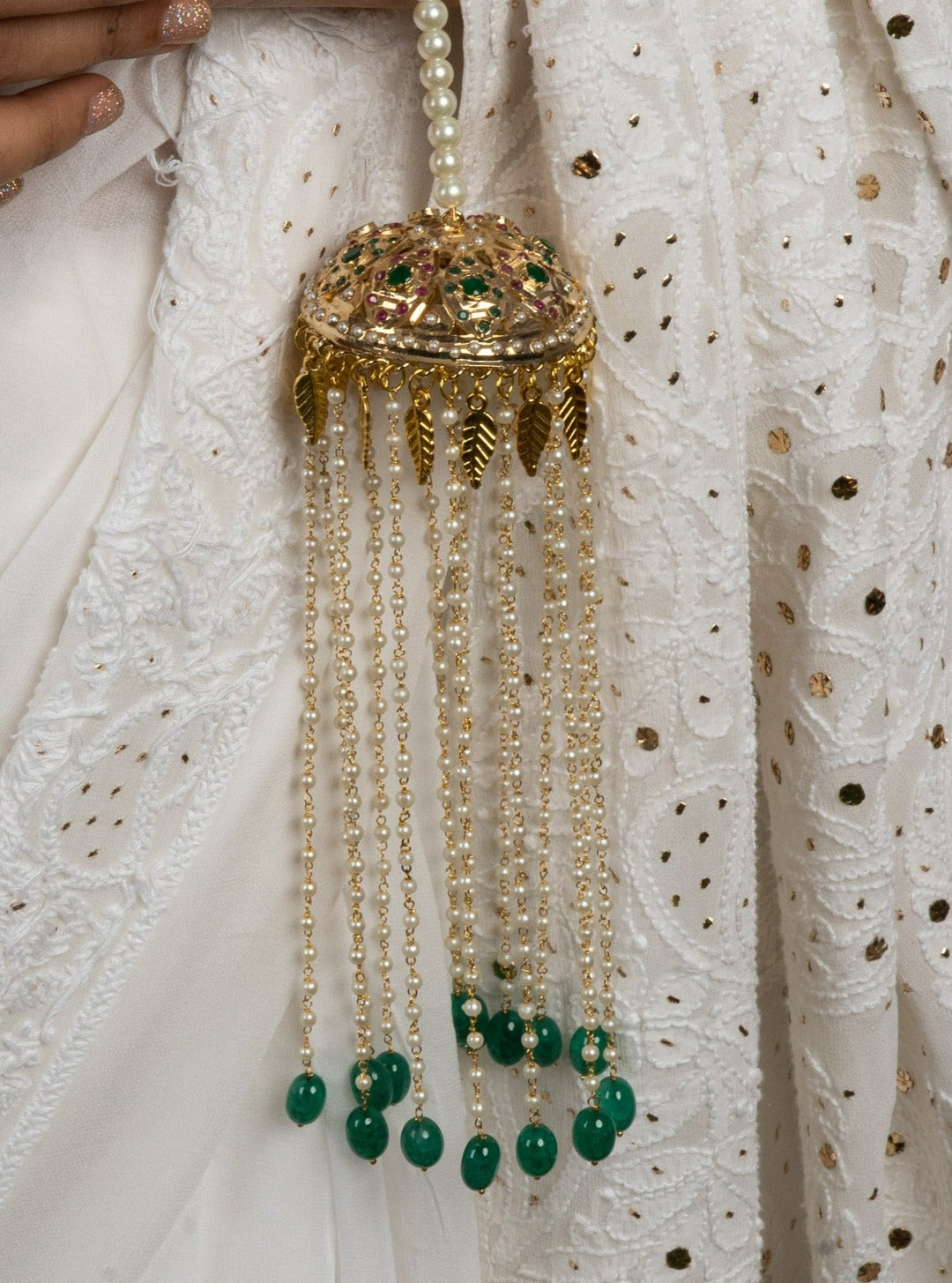 White Pearl Fall With Emerald Stones & Golden Petal Drop Emerald Jadau Kaleera