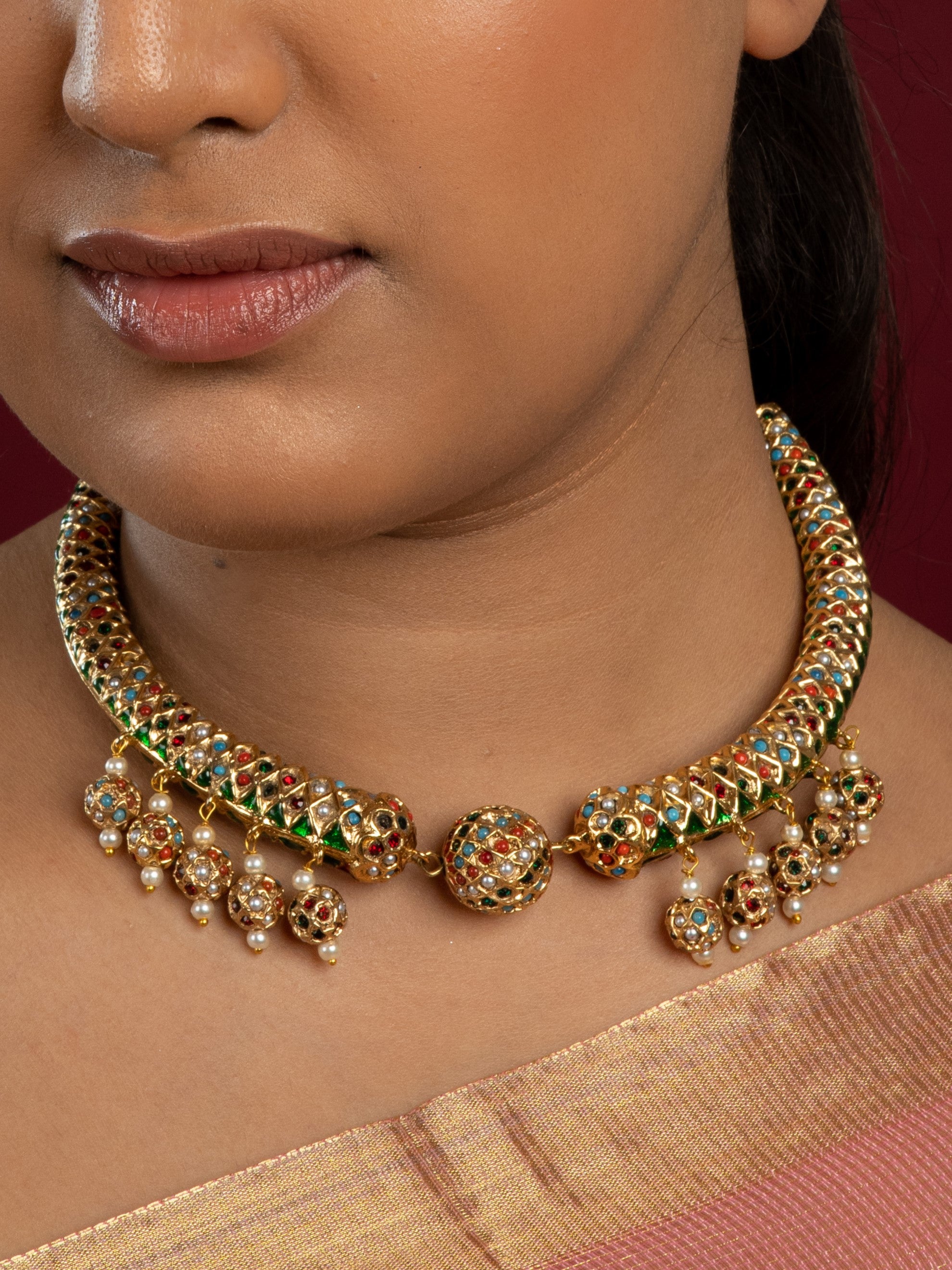 Vibrant Navaratan Jadau Sonamoti Hasli Choker Necklace - QUEENS JEWELS