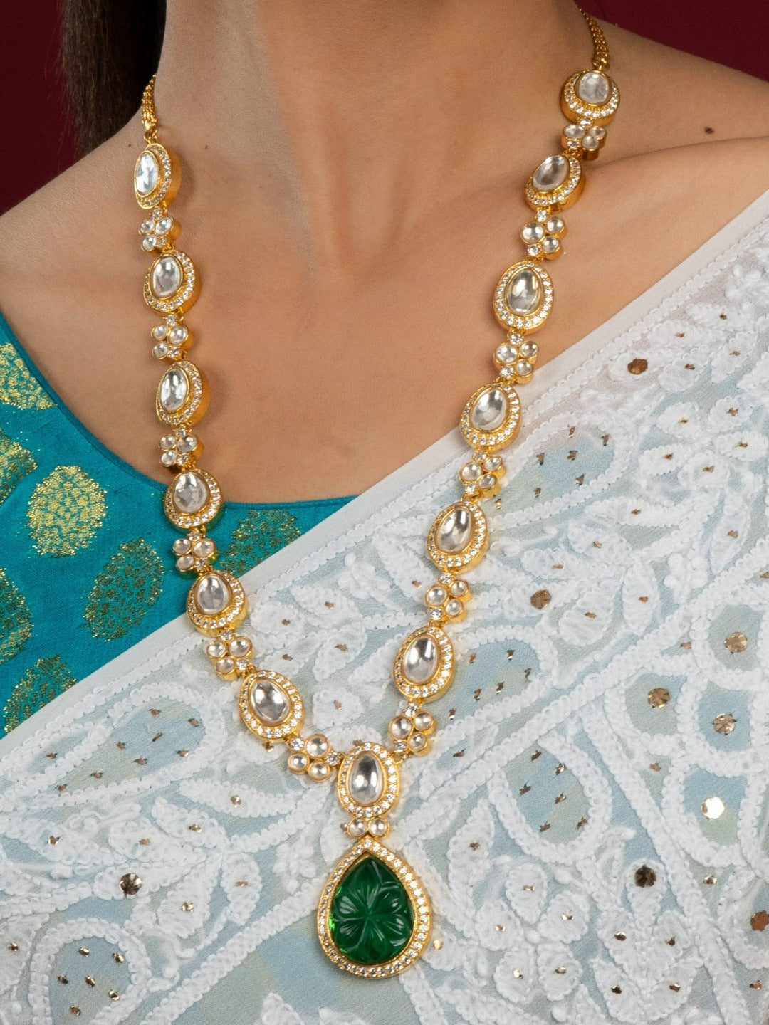 Tear drop shaped emerald & white kundan long necklace