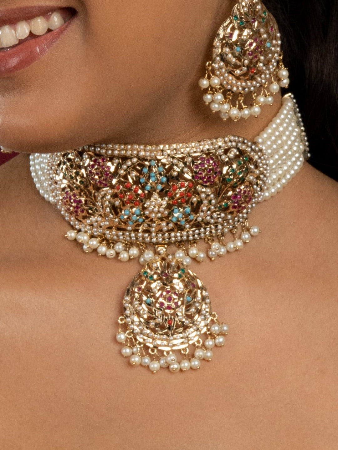 Bridal Navratan Jadau Neckhugging Choker Set (Choker With Earrings Set) - QUEENS JEWELS