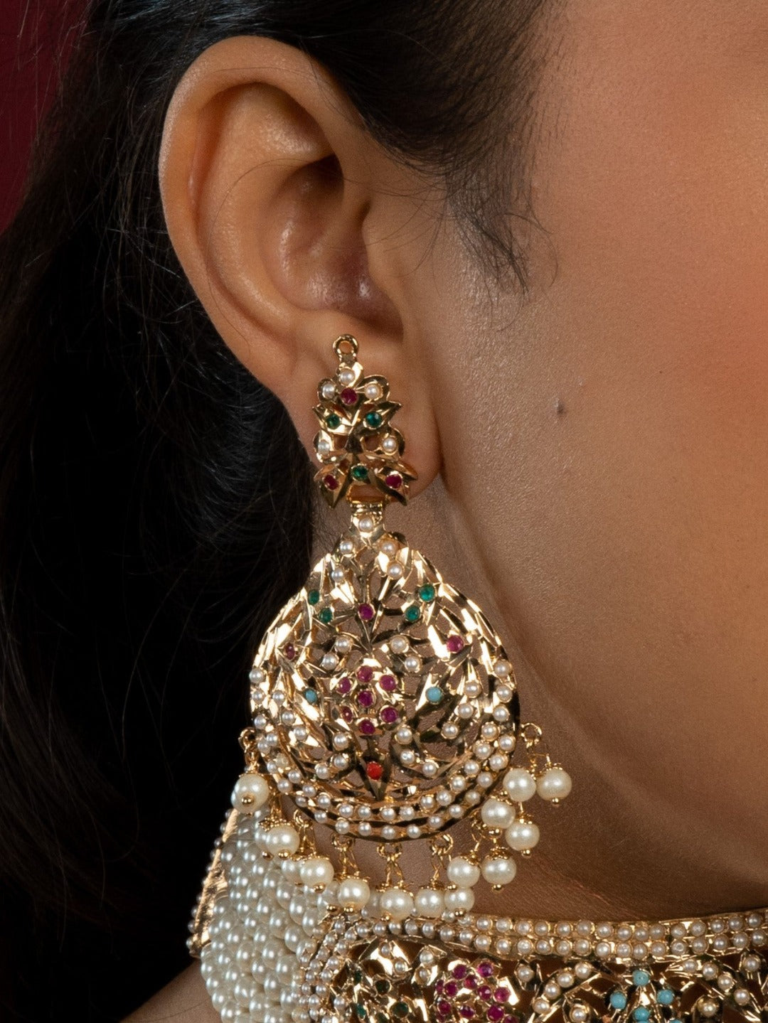 Bridal Navratan Jadau Neckhugging Choker Set (Choker With Earrings Set) - QUEENS JEWELS