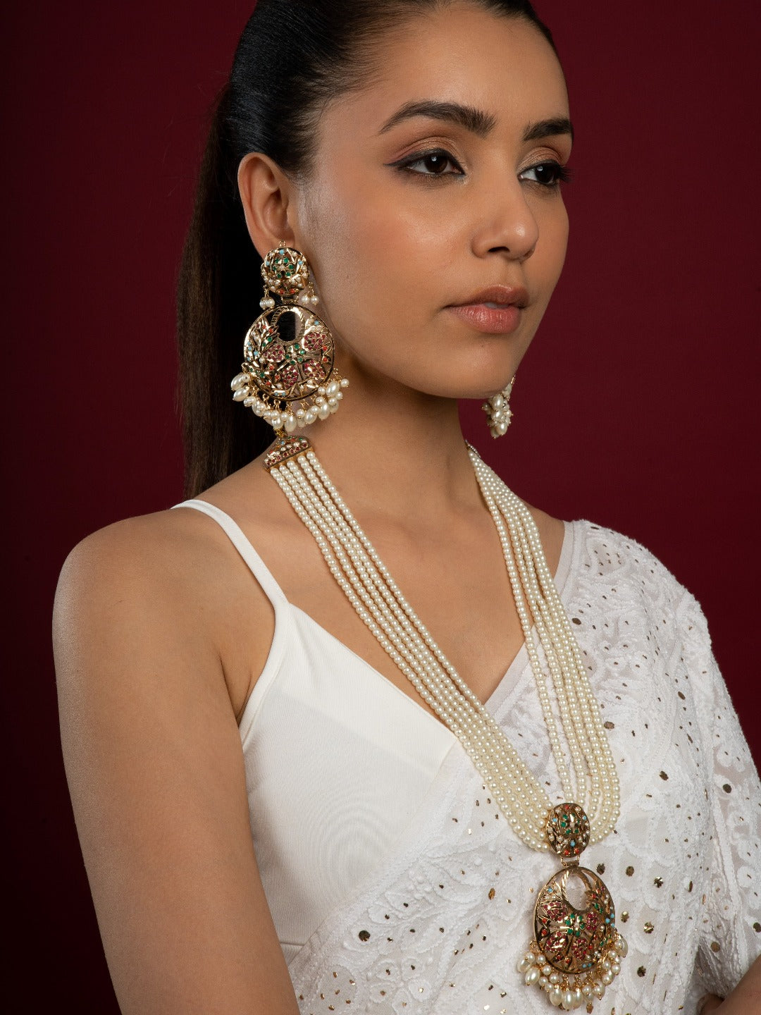 Bridal Traditional Navratan Jadau Pendant Set (Necklace with Earrings Set) - QUEENS JEWELS