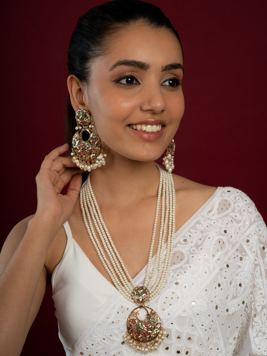 Navratan jadau stones chaandbali pendant with pearl string long necklace with earrings