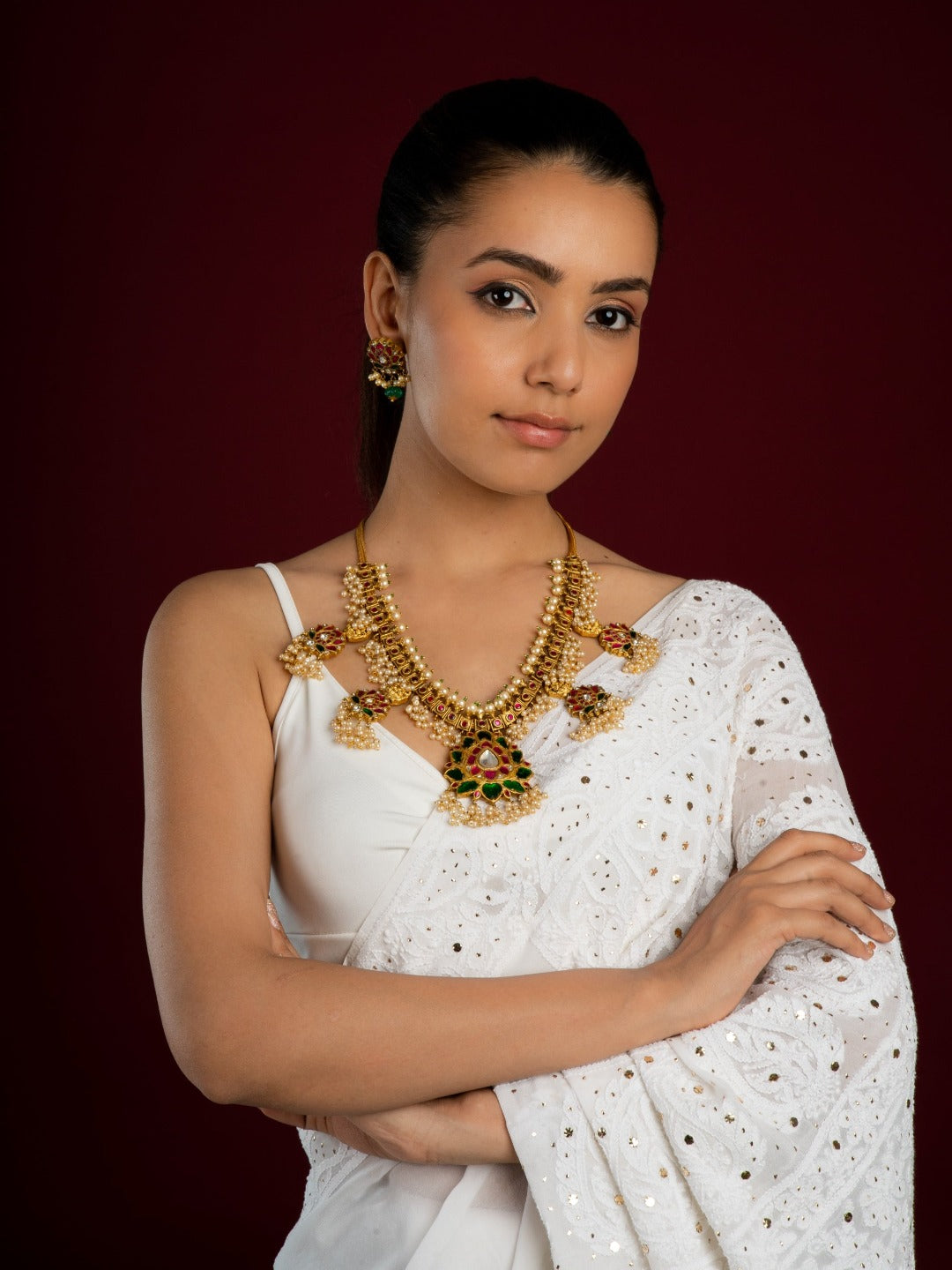 Bridal Lotus Shaped Multicolour Temple Necklace Set (Necklace  With Earrings Set) - QUEENS JEWELS