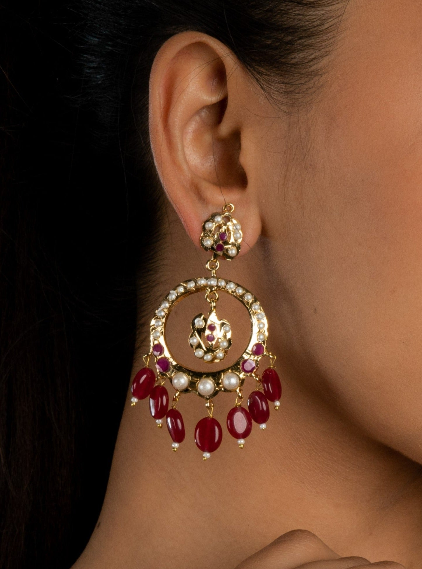 Red stones drop and white pearl jadau chaandbali earrings