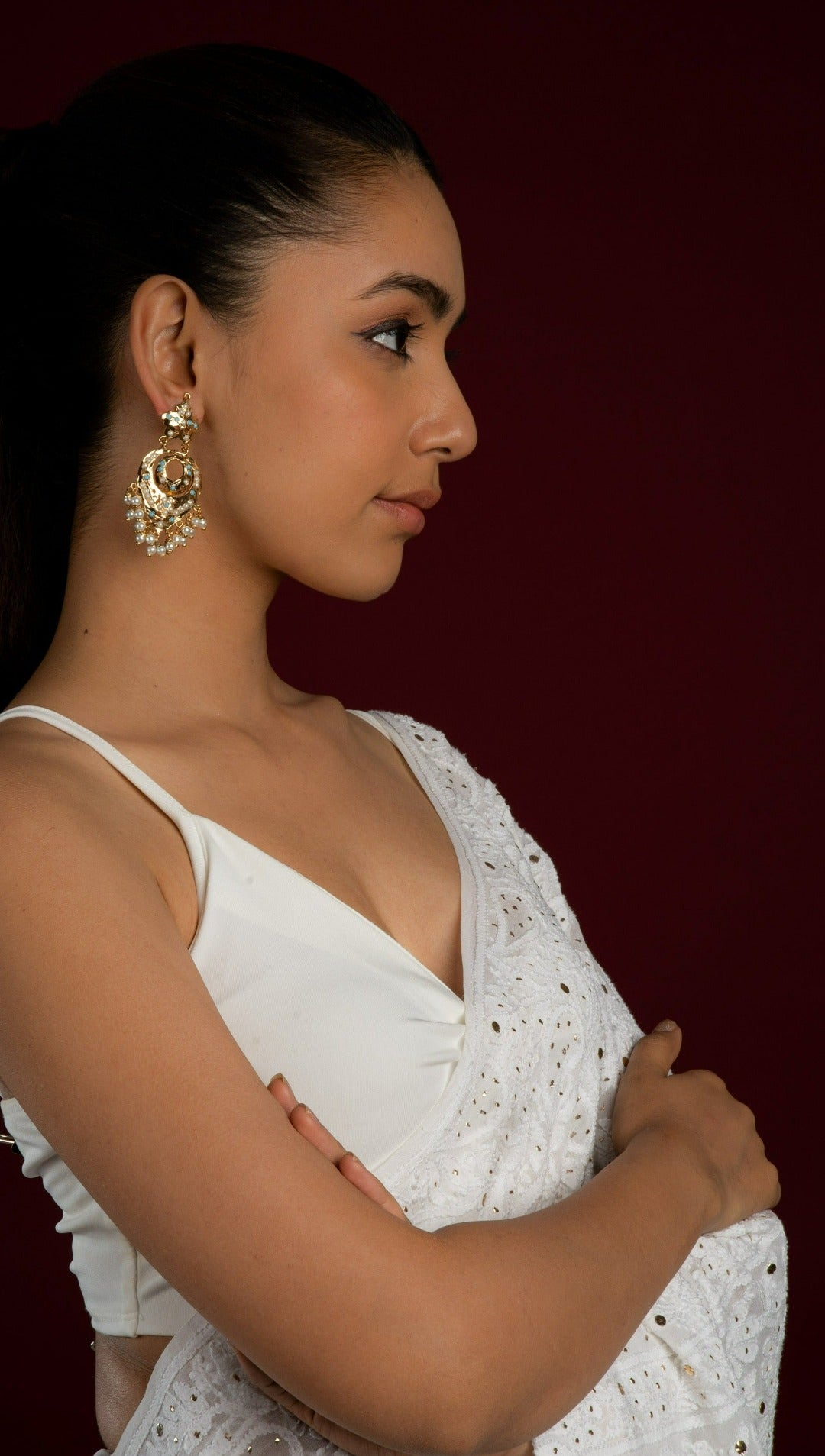 Adhira Jadau Chaandbali Earrings (Gold Plated with Ferozah Light Blue Turquoise Stones and White Pearls) - QUEENS JEWELS