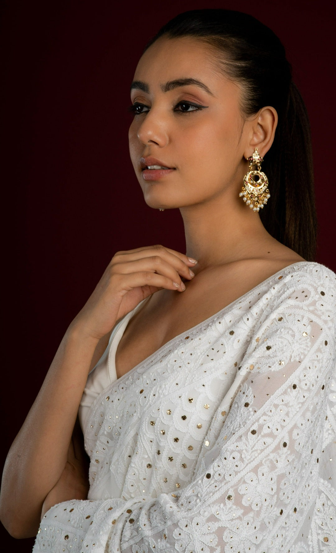 Adhira Jadau Chaandbali Earrings (Gold Plated with all White Pearls) - QUEENS JEWELS