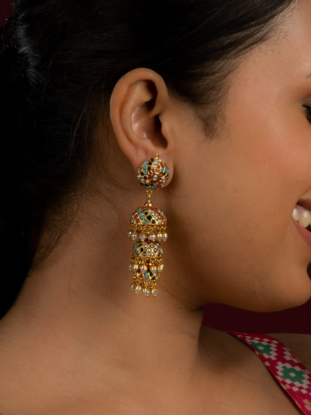 Multilayered navratan stones jhumka earrings