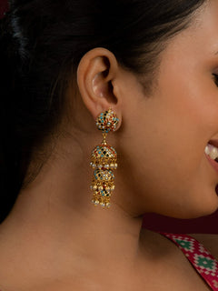 Gold Tone Three Layered Jadau Jhumki Earrings - QUEENS JEWELS