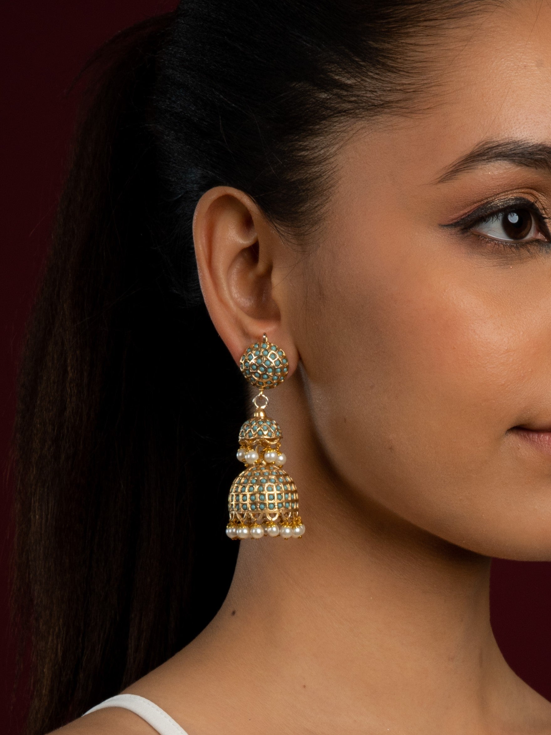 Sona Moti Jadau Double Layered Jhumka Earrings - QUEENS JEWELS