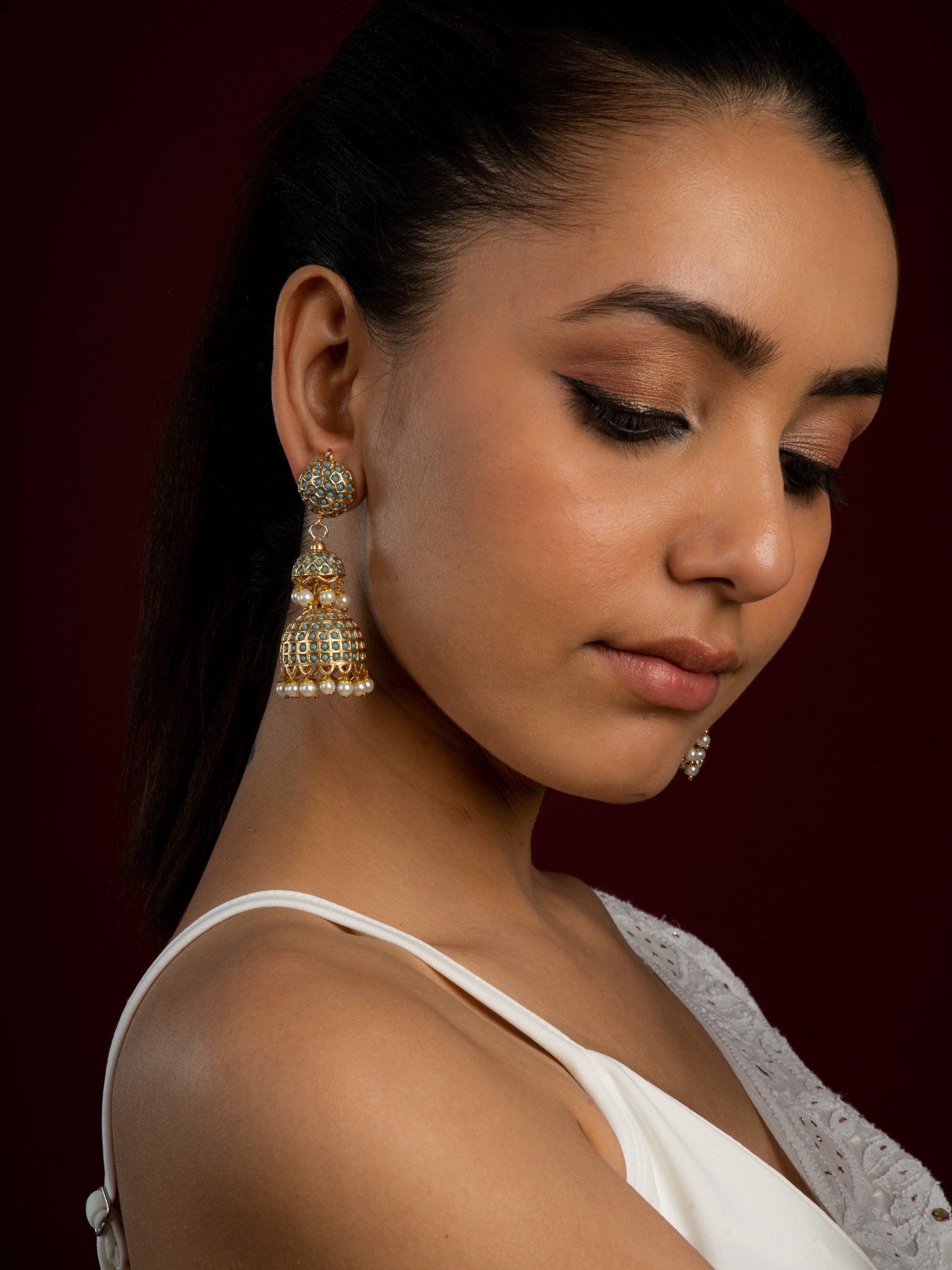 Sona Moti Jadau Double Layered Jhumka Earrings - QUEENS JEWELS