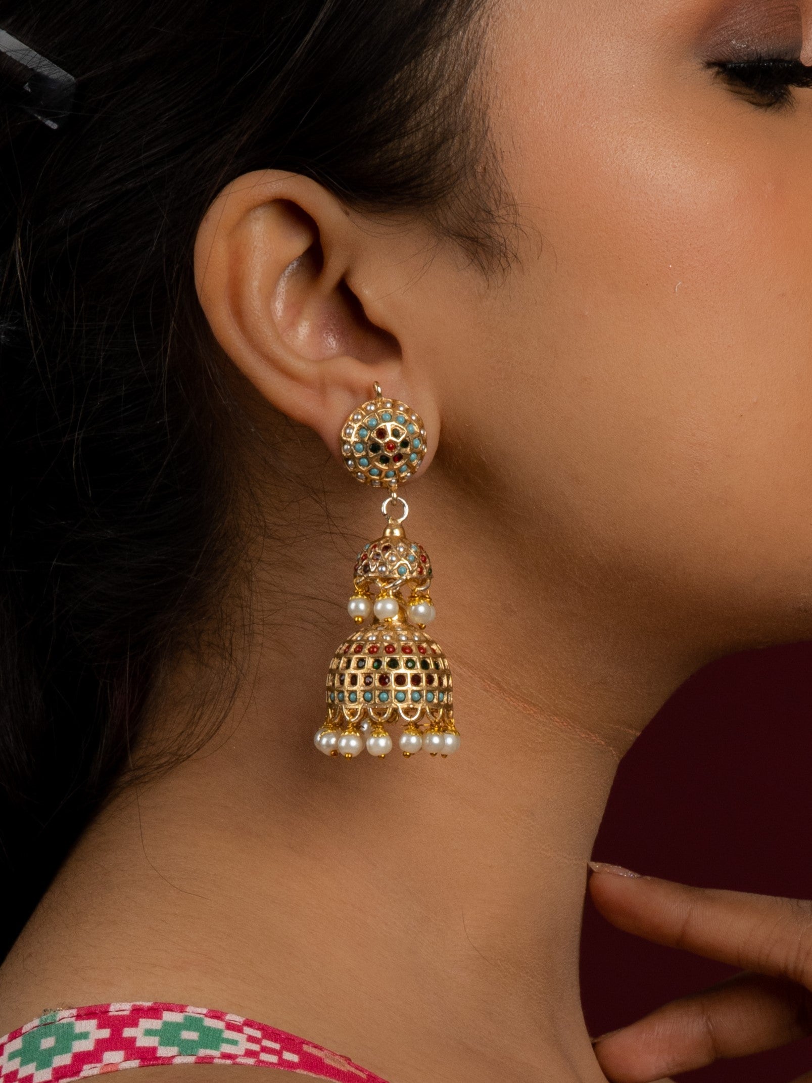 Sona Moti Jadau Double Layered Jhumka Earrings - QUEENS JEWELS