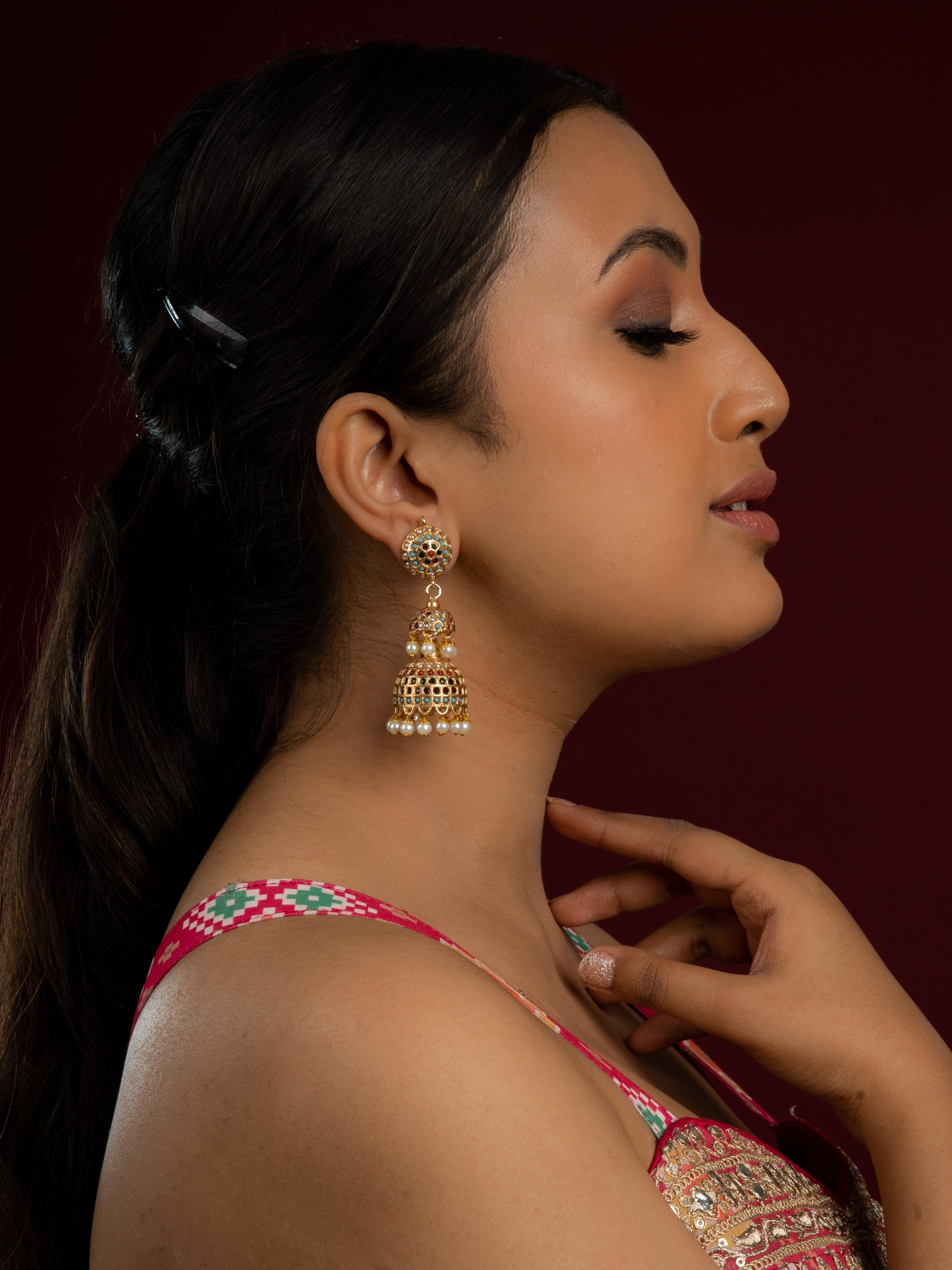 Sona Moti Jadau Double Layered Jhumka Earrings - QUEENS JEWELS