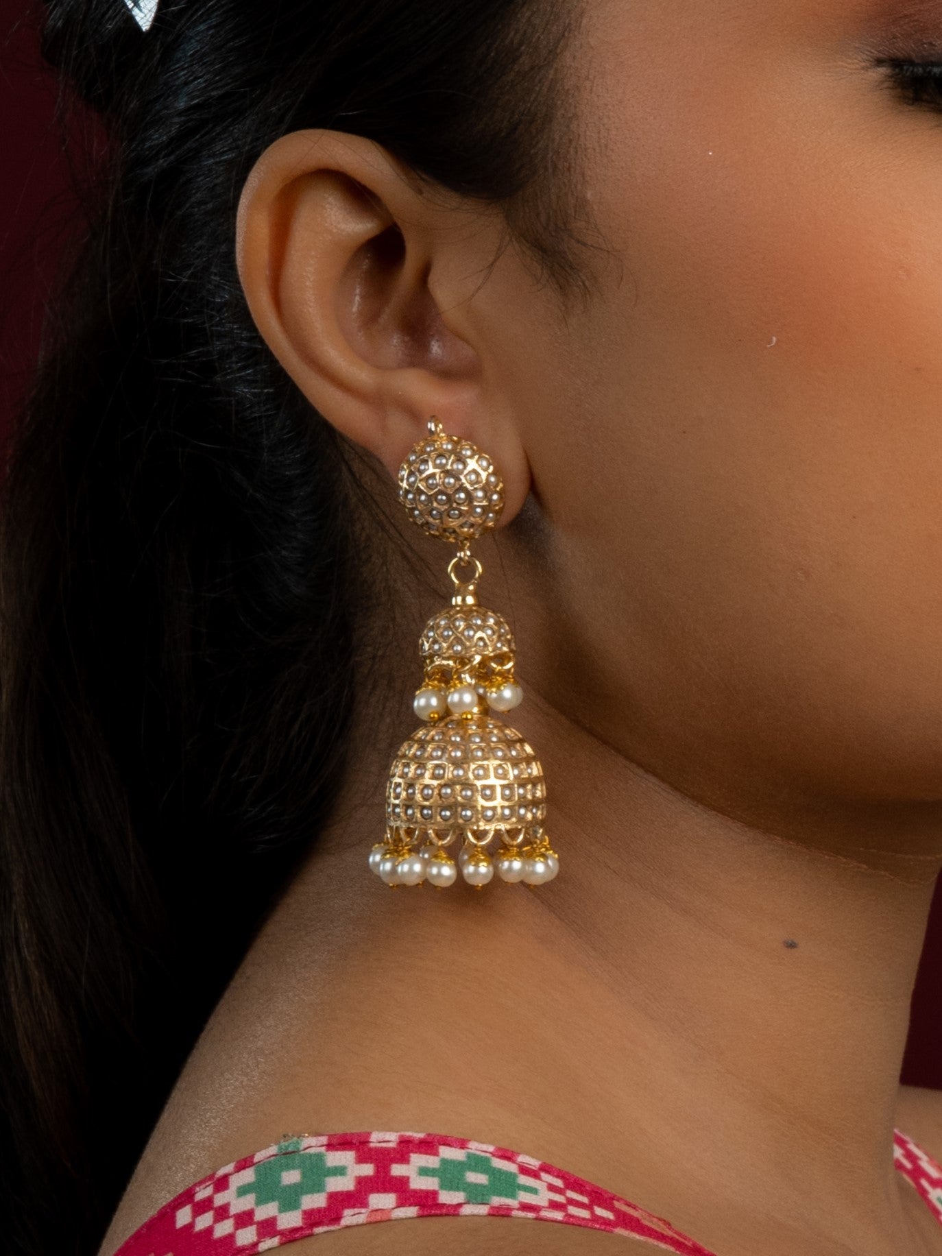 Sona Moti Jadau Double Layered Jhumka Earrings - QUEENS JEWELS