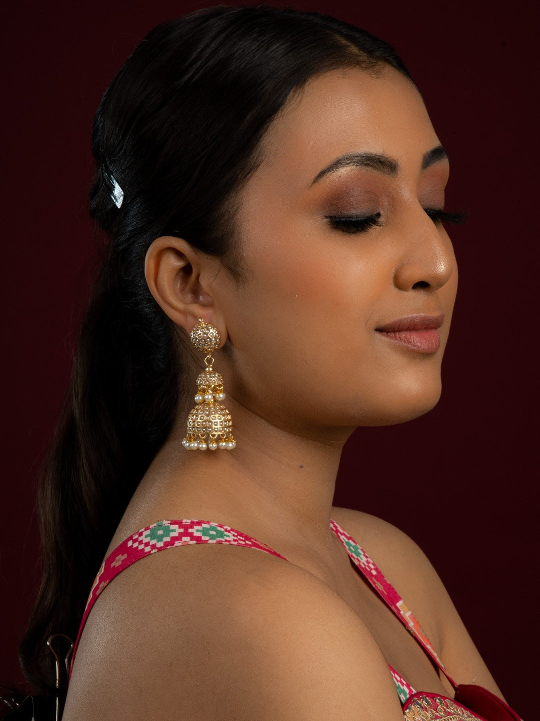 Sona Moti Jadau Double Layered Jhumka Earrings - QUEENS JEWELS