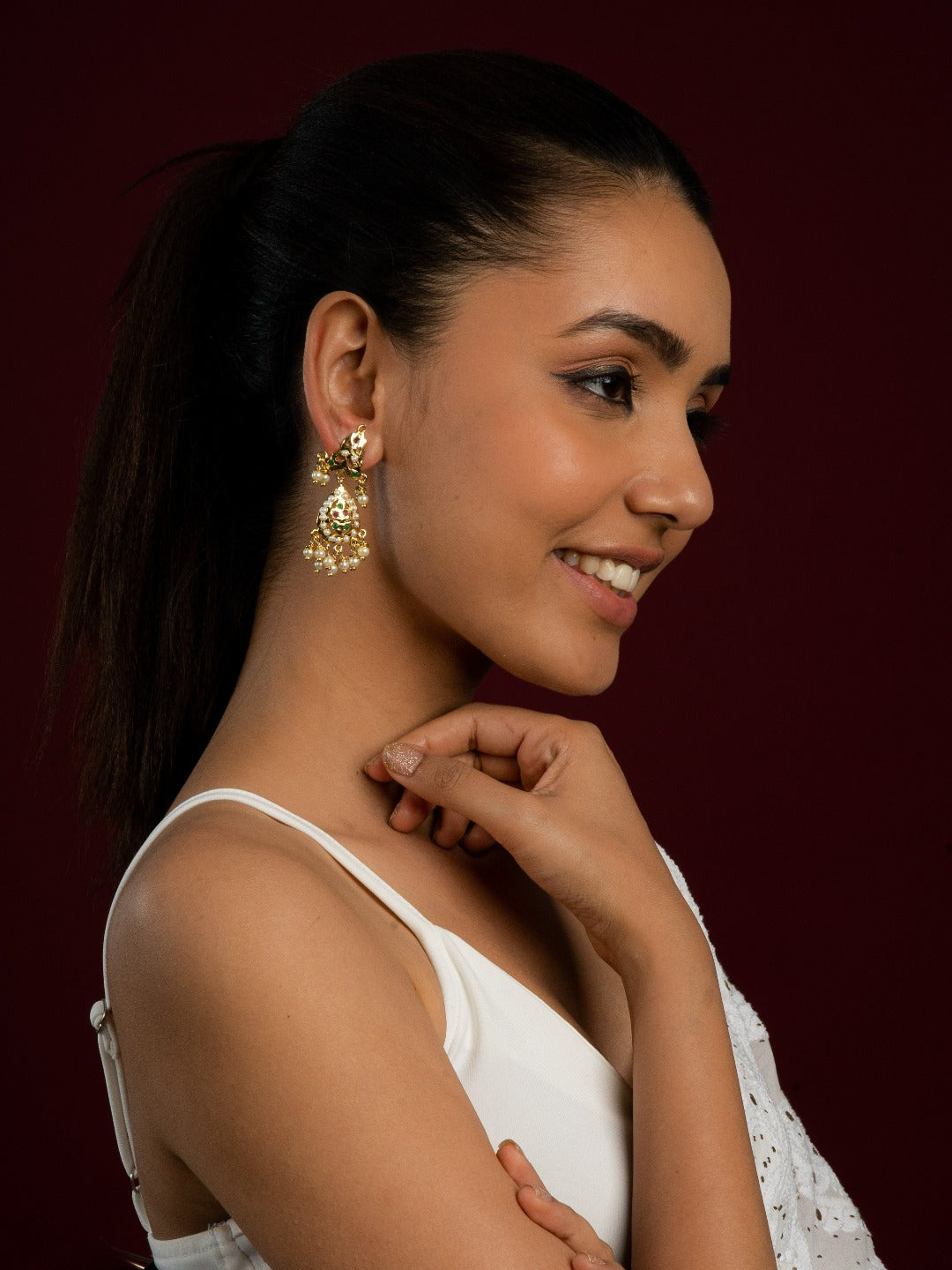 Ezzah Small Jadau Chaandbali Earrings (Gold plated with multicolour stones) - QUEENS JEWELS