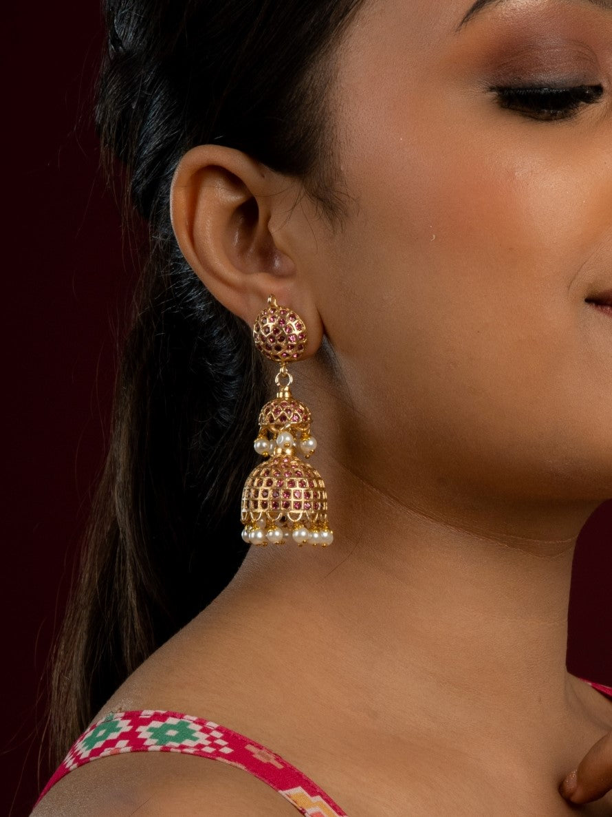 Gold plated sona moti ruby red stones jhumka earrings