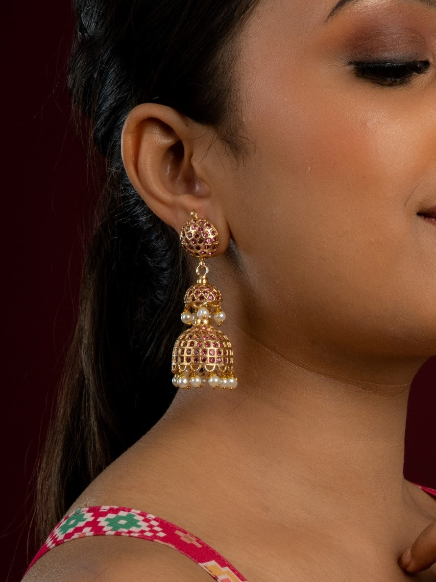 Sona Moti Jadau Double Layered Jhumka Earrings - QUEENS JEWELS