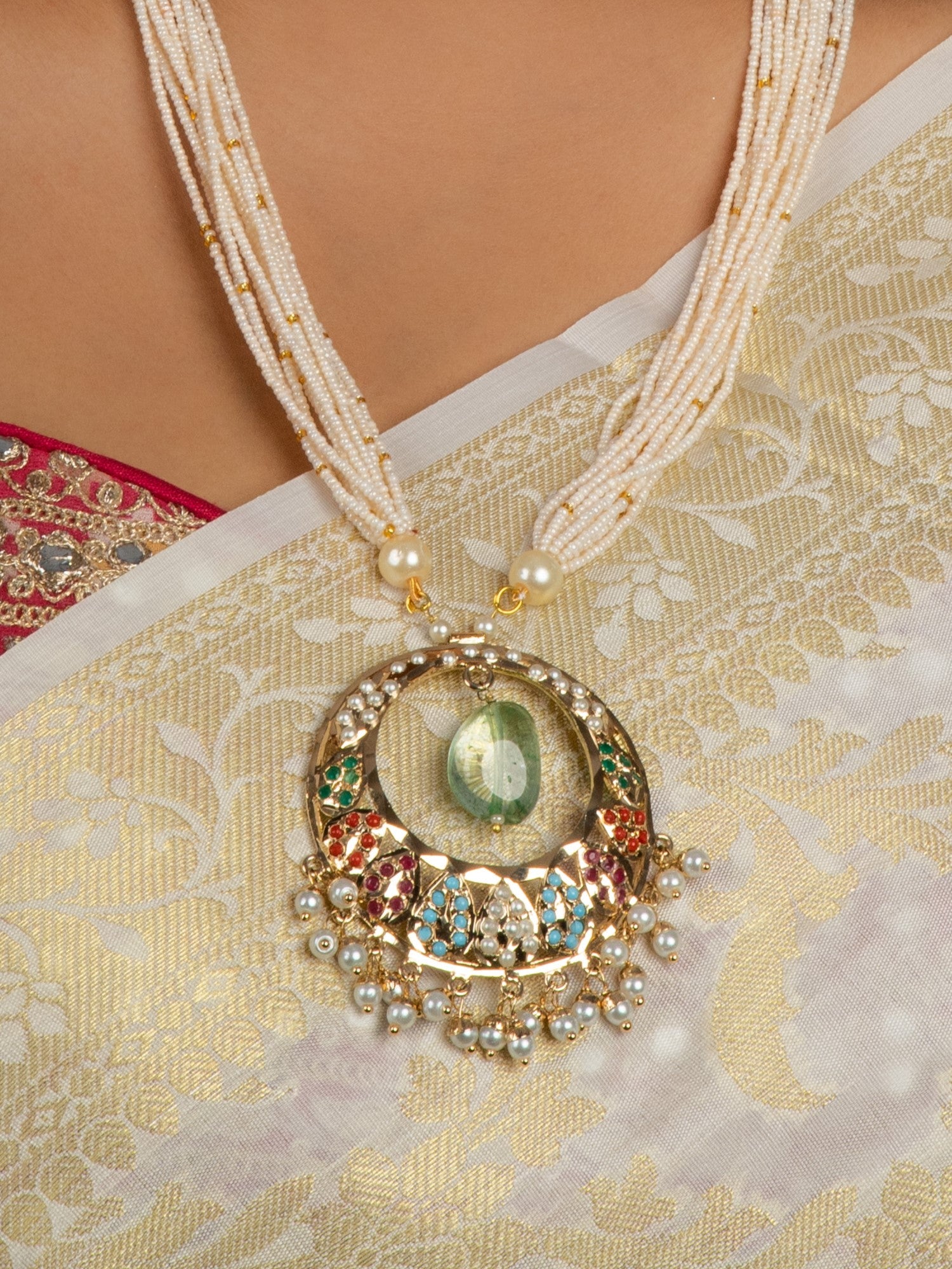 White pearls multi-string chaandbali navratan jadau pendant long necklace