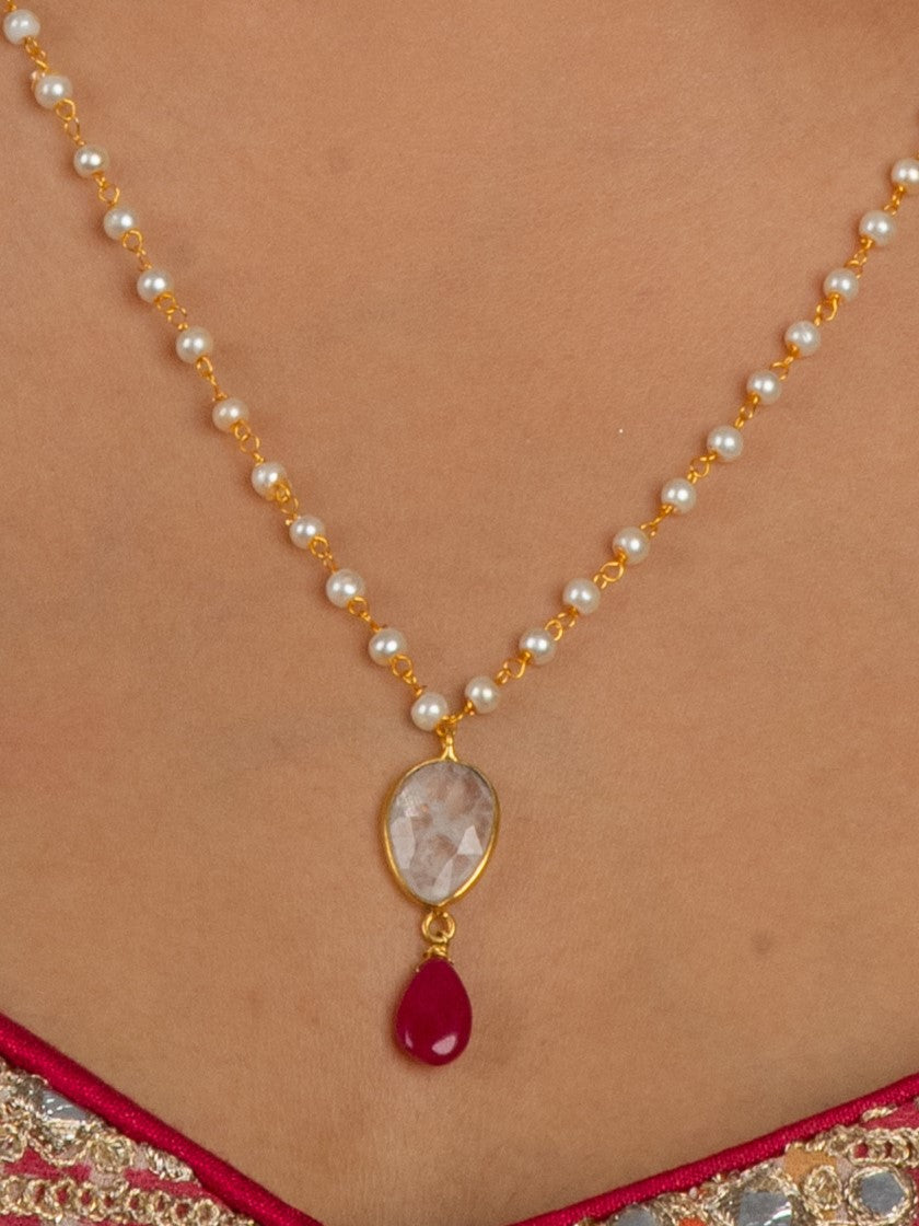 Single Layer White Pearl Beaded Red Pearl Drop String Necklace