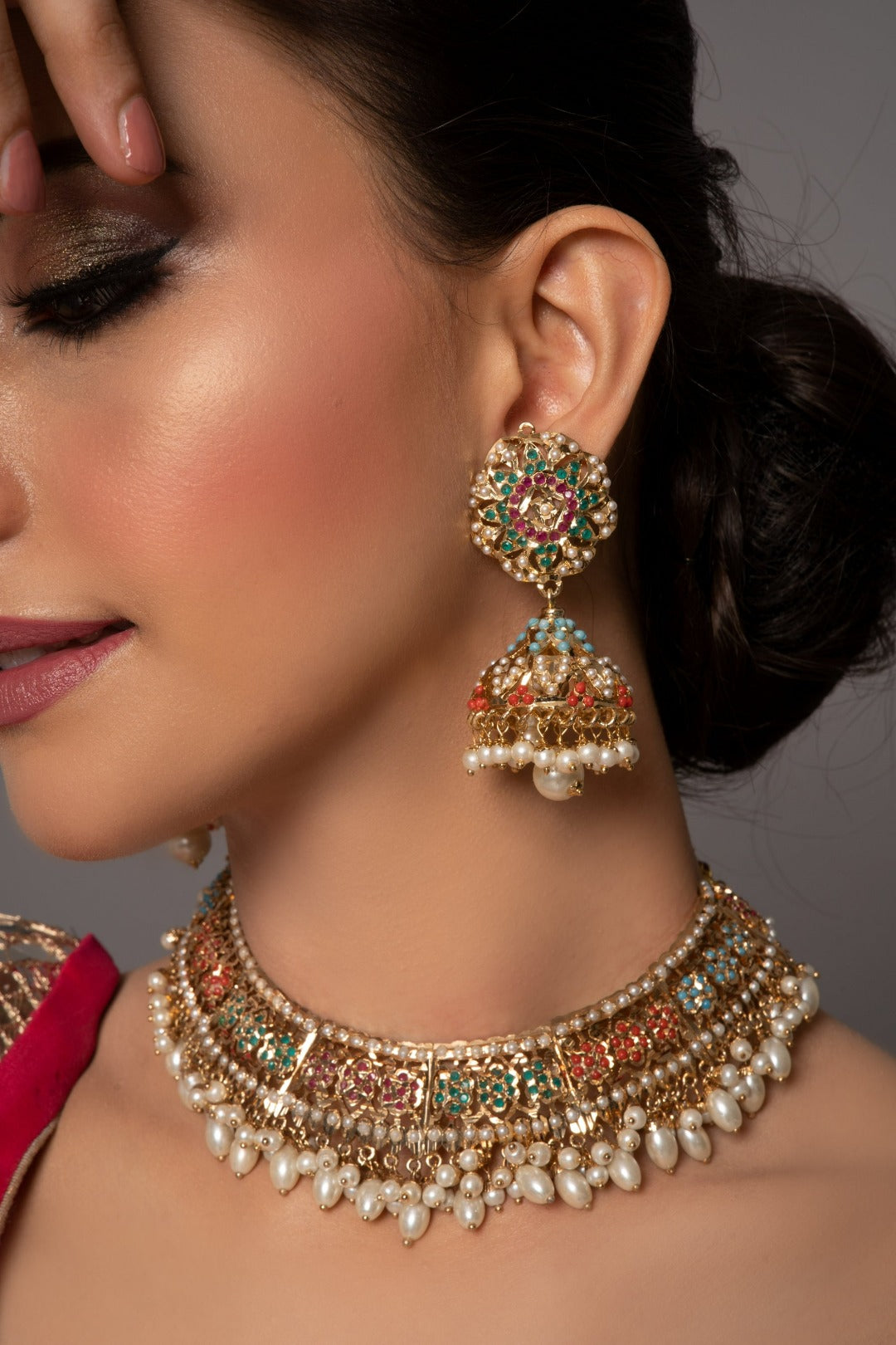 Arya Navratan Jadau Choker Set with Earrings - QUEENS JEWELS