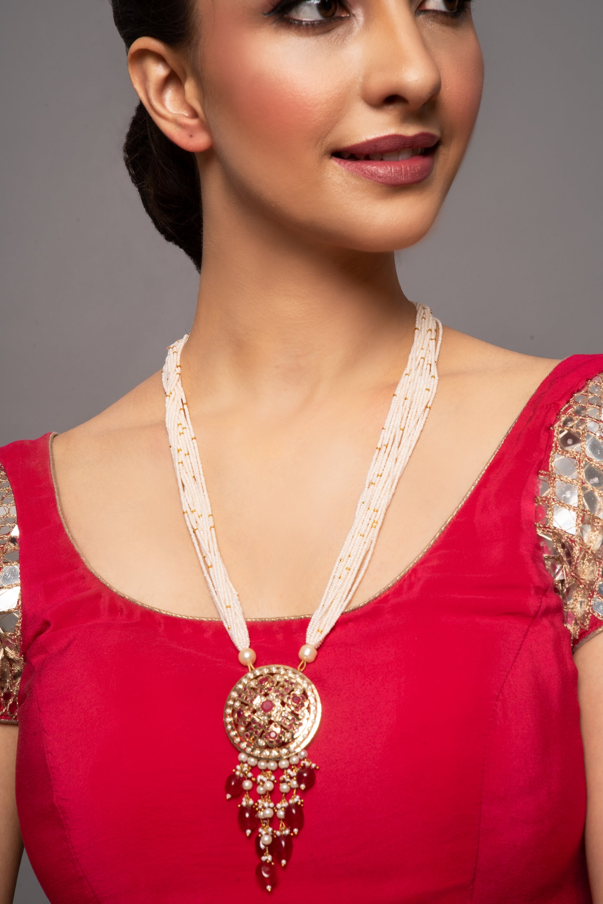 Jadau Round Disc with Stone Drops Pendant Necklace - QUEENS JEWELS