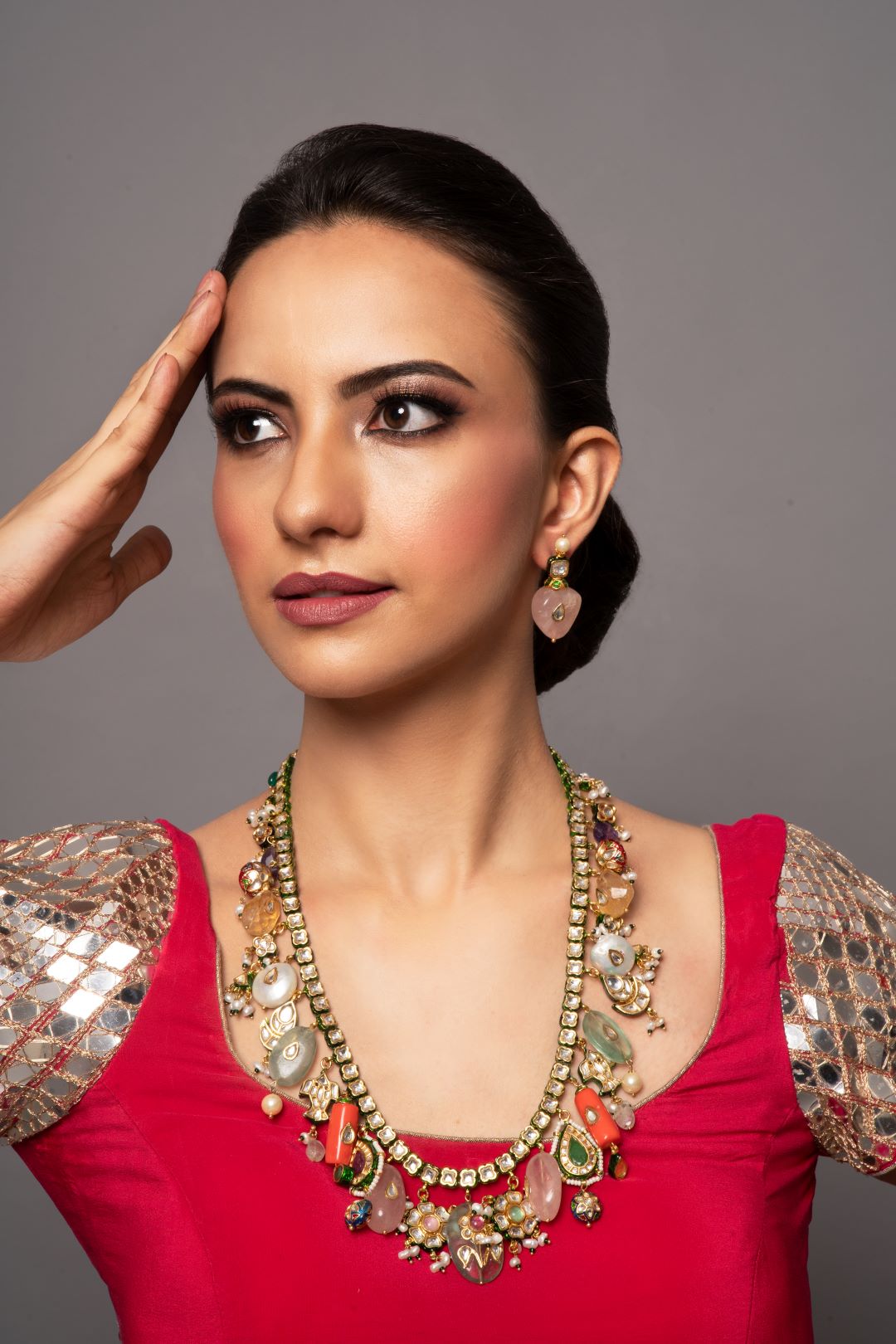 Saanvi Navratan Long Kundan Necklace Set with Earrings - QUEENS JEWELS
