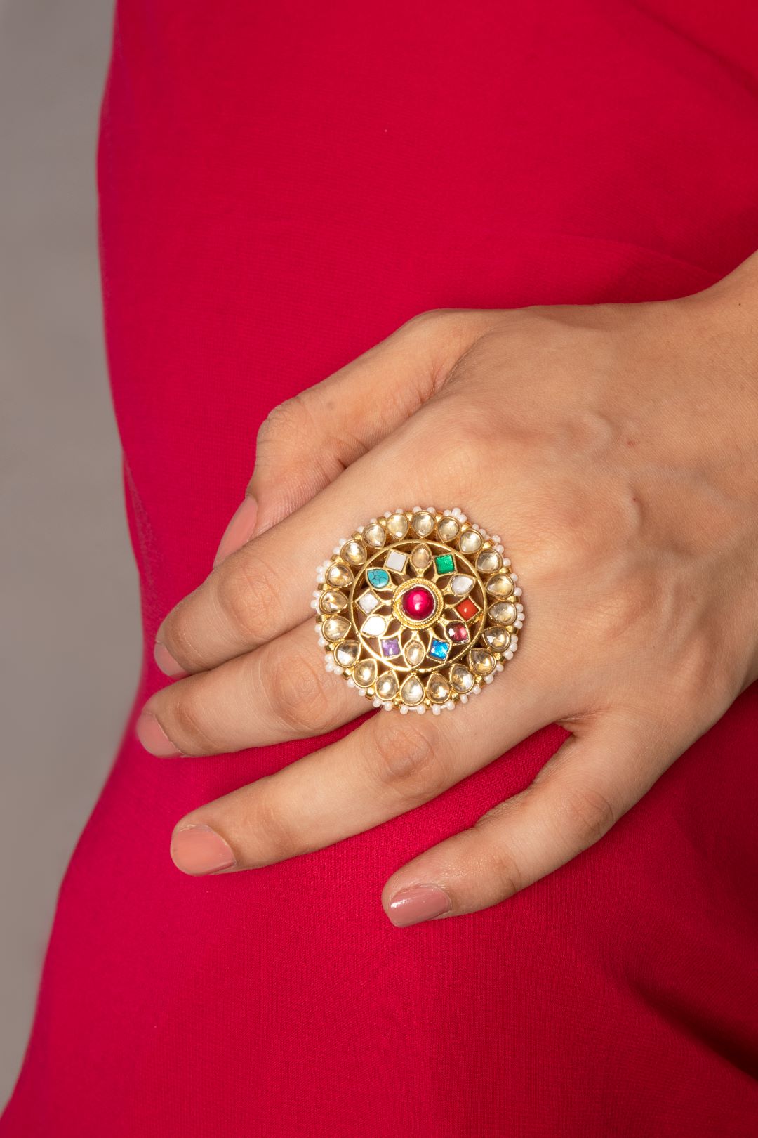 Designer Gold Plated Royal Kundan and Ruby Beaded Ring (Design 152)– PAAIE