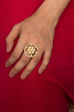 Floral Pearl & Kundan Adjustable Ring - QUEENS JEWELS