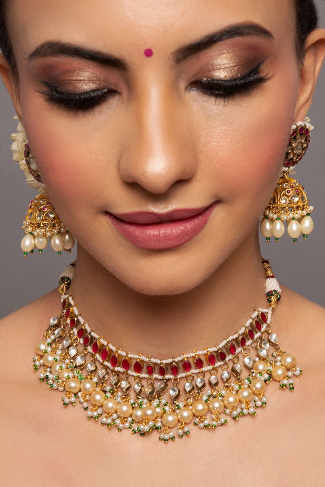 Trisha Ruby Red & White Pearls Kundan Choker Set with Earrings - QUEENS JEWELS