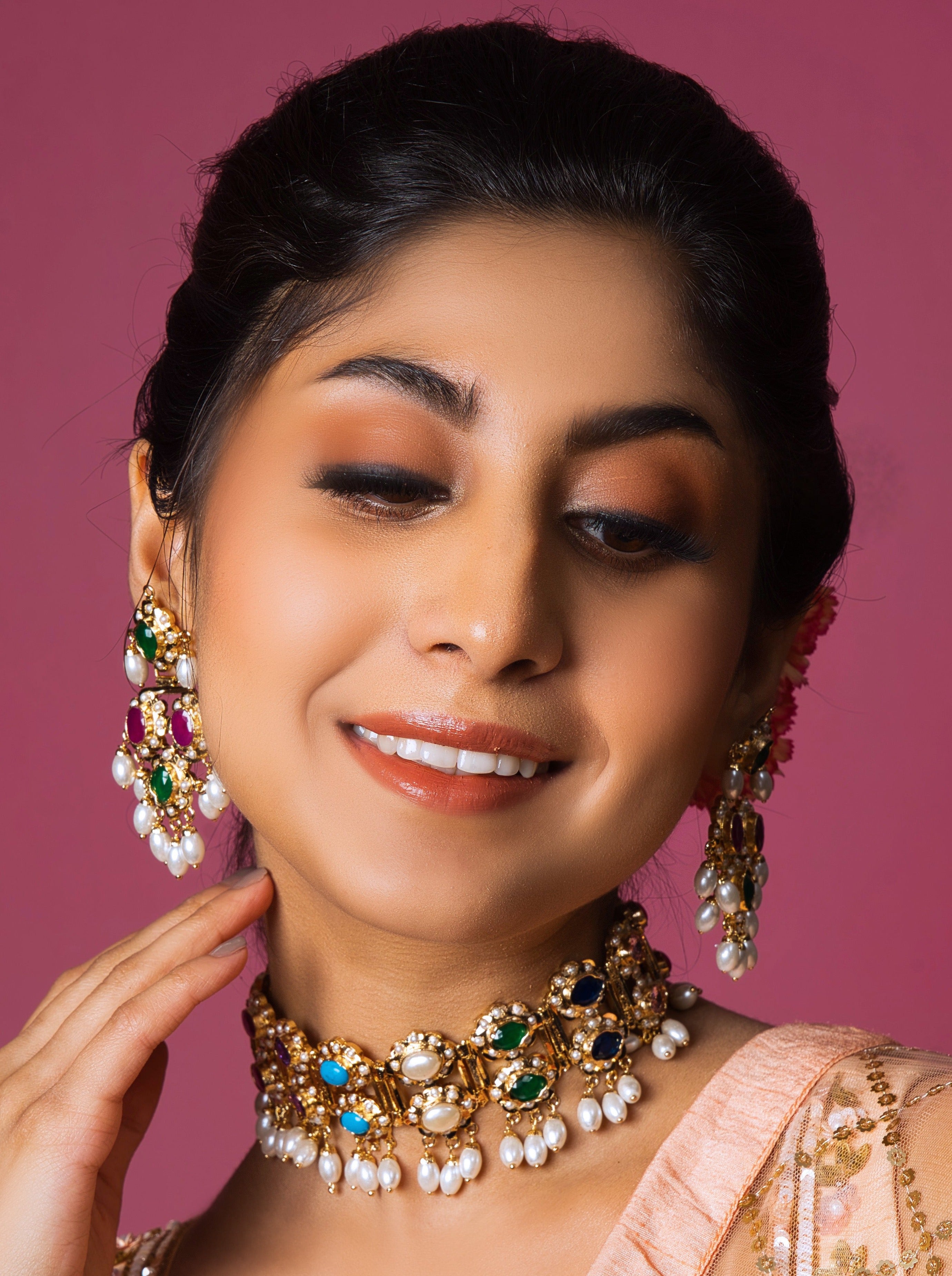 Regal Navratan Dual Layer Jadau Choker Set - QUEENS JEWELS