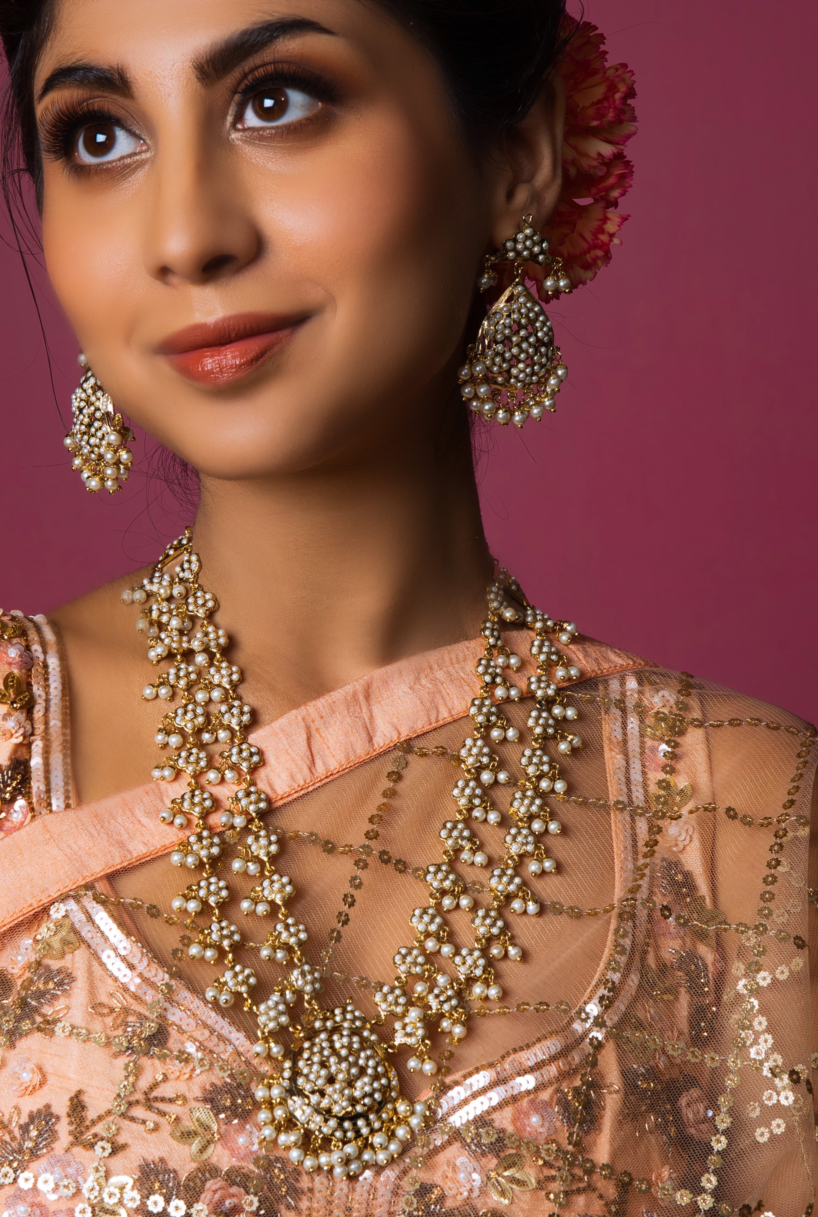 Opulent White Double Jadau Layer Set: 18K gold-plated bridal elegance for ceremonial charm.