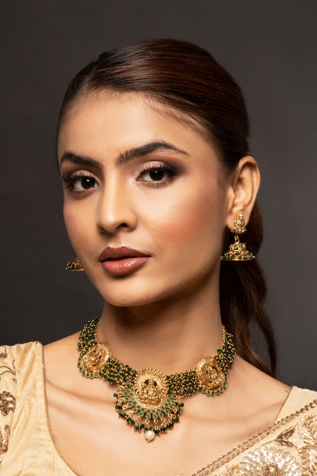 Viha Green Lakshmi Motif Temple Choker Set with Earrings - QUEENS JEWELS