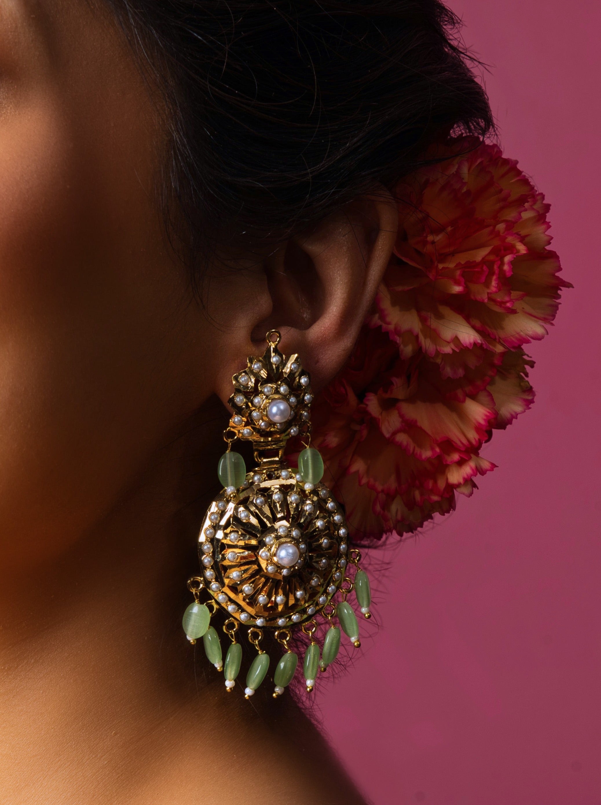 Green Hydrowhite Chaandbali Earrings: Cultural heritage meets exquisite craftsmanship.