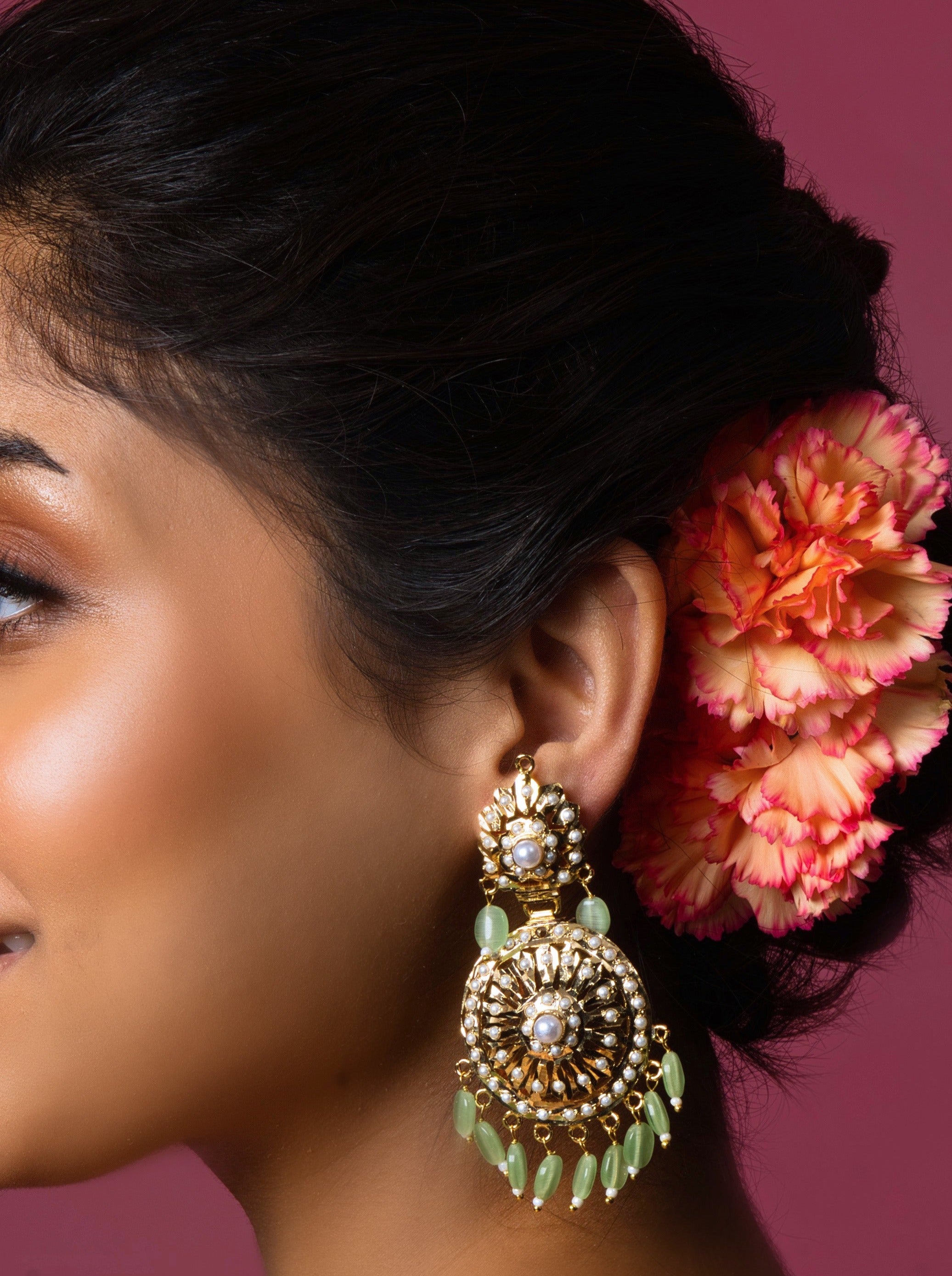 Green Hydrowhite Chaandbali Earrings: Cultural heritage meets exquisite craftsmanship.