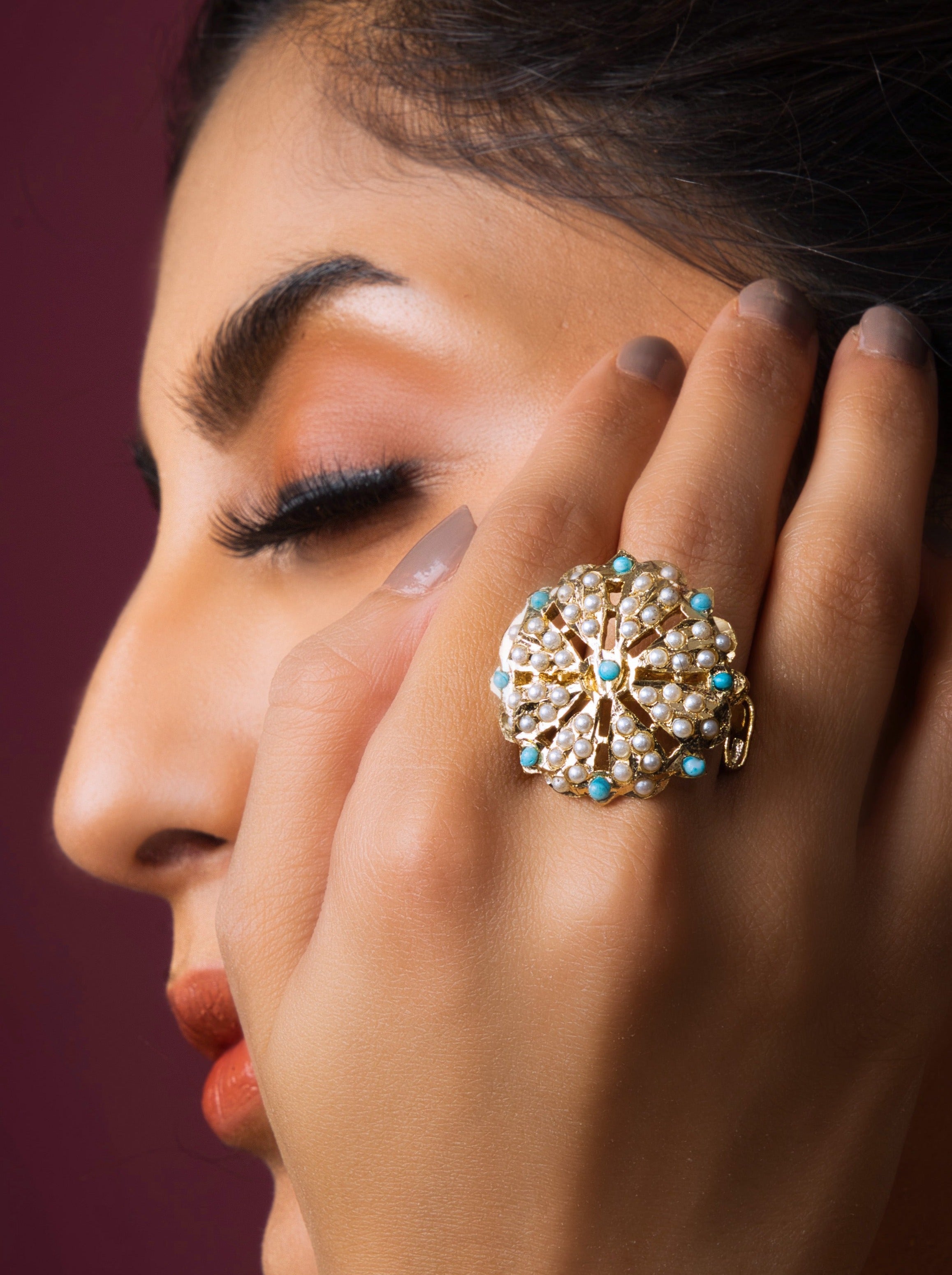 Blue Feroza Round Jadau Adjustable Ring - QUEENS JEWELS