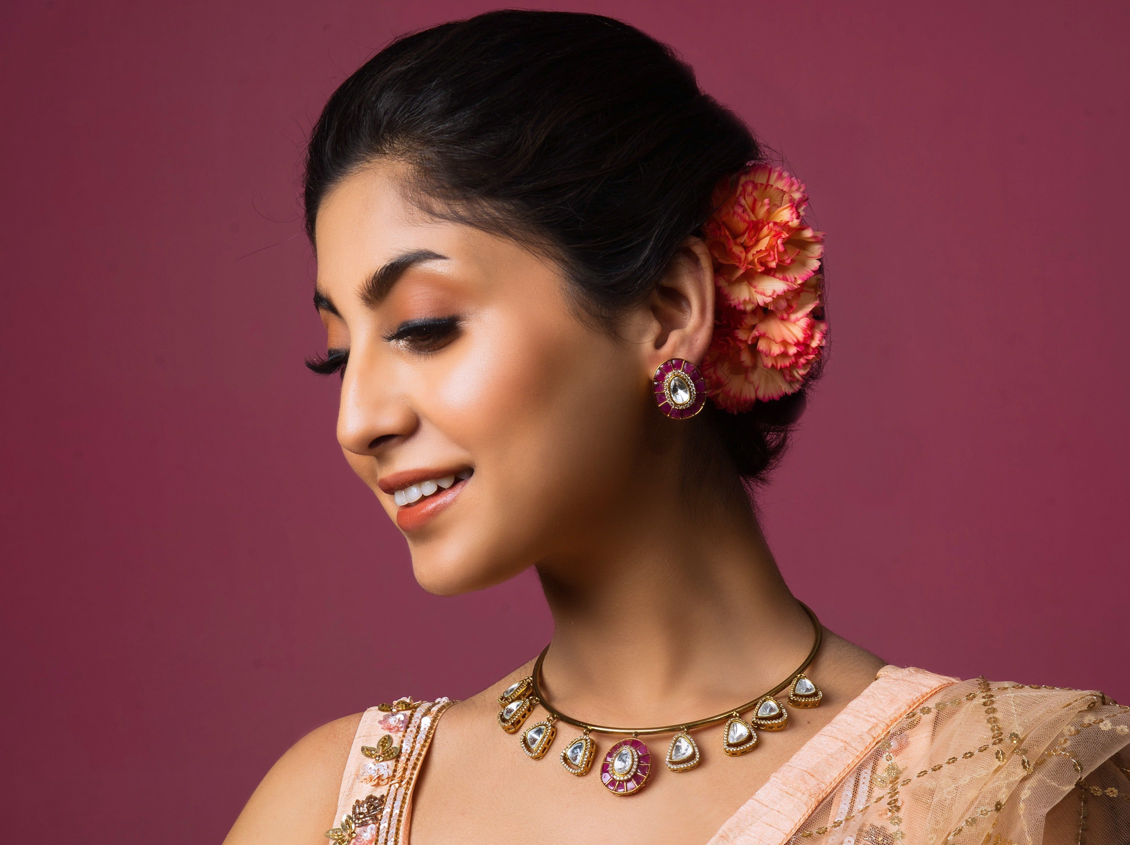 Crimson Red Kundan Elegance Collar - QUEENS JEWELS