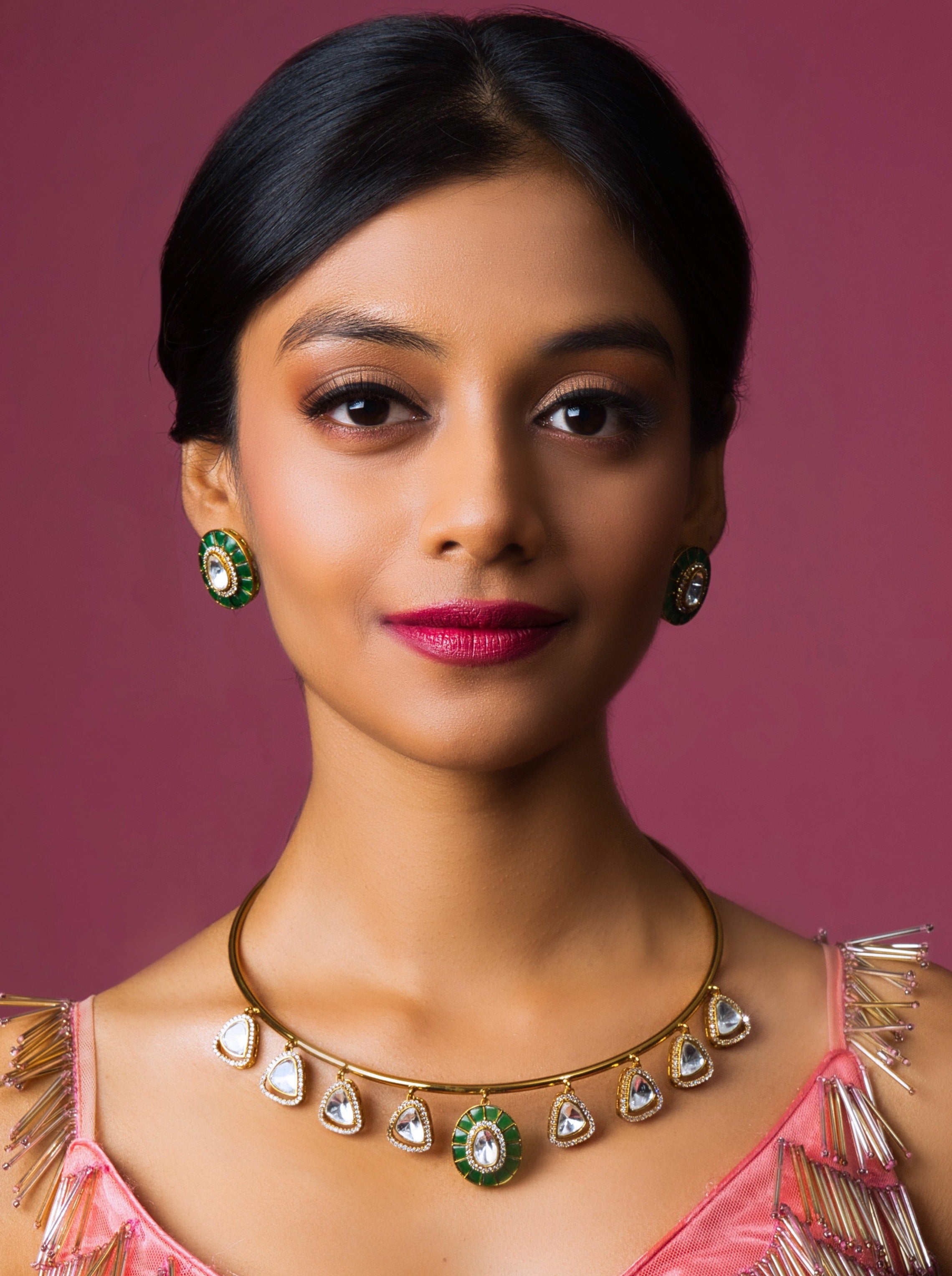 Forest Jade Kundan Hasli Necklace: Handcrafted elegance for bridal and ethnic occasions.