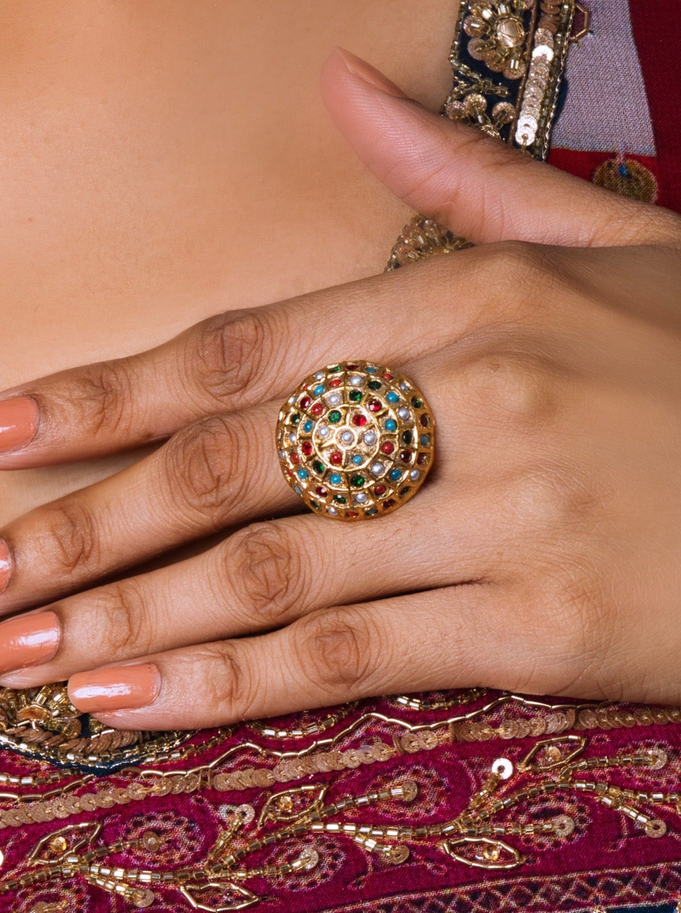 Royal Navratan Pearl Round Adjustable Ring - QUEENS JEWELS