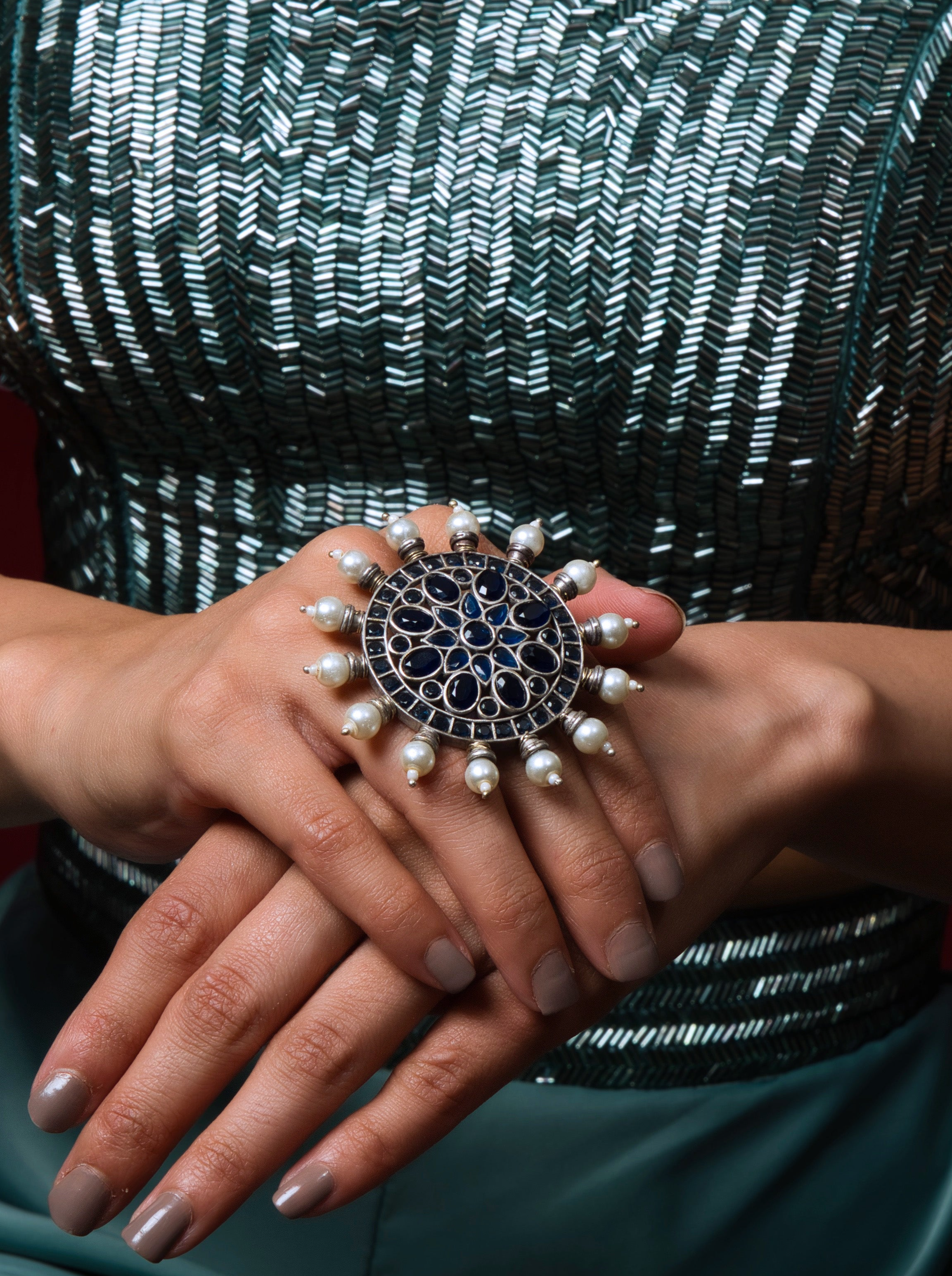 Midnight Blue Oxidised Round Adjustable Ring - QUEENS JEWELS