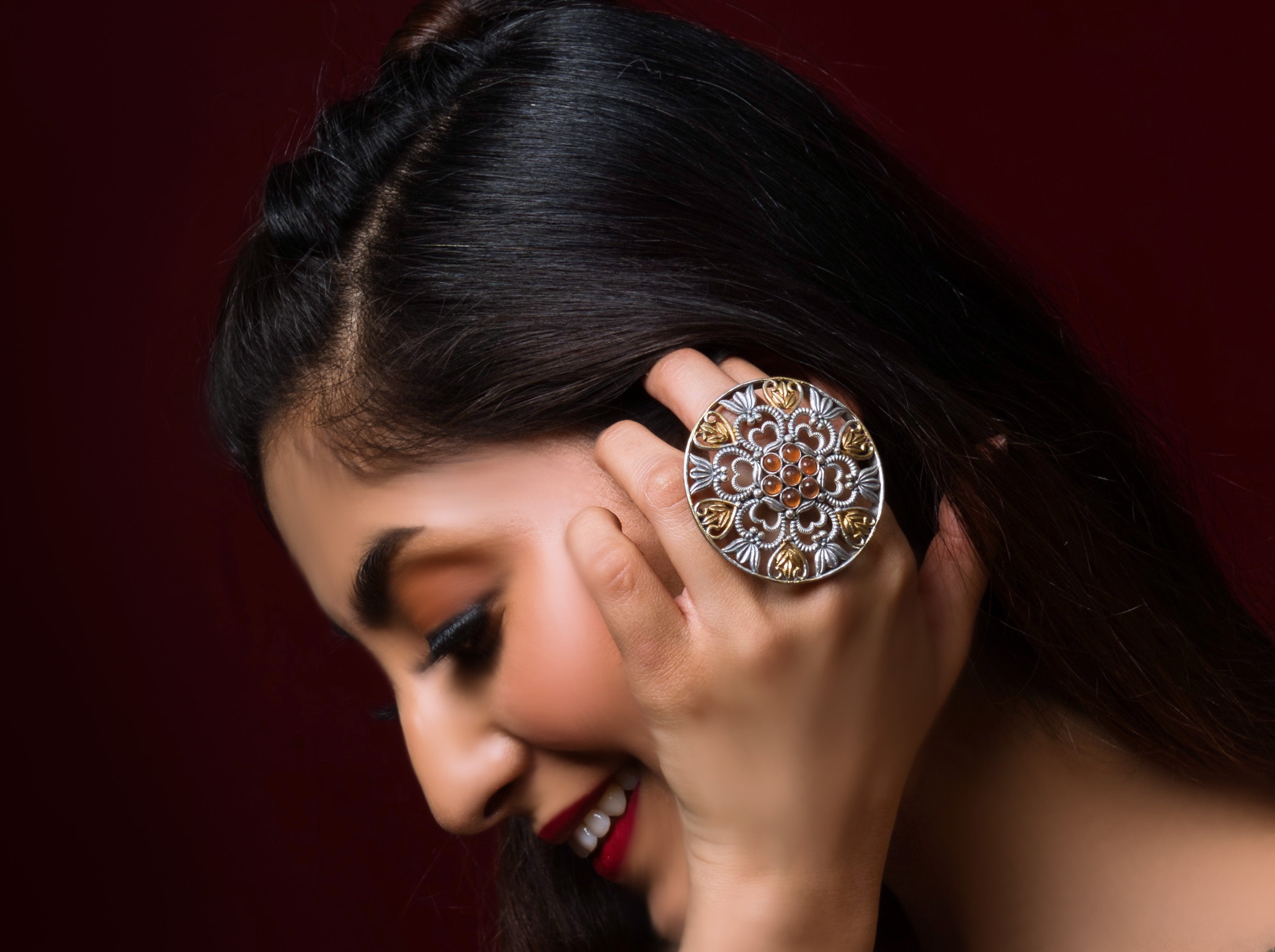 Dual Plated Blossom Oxidised Adjustable Ring - QUEENS JEWELS