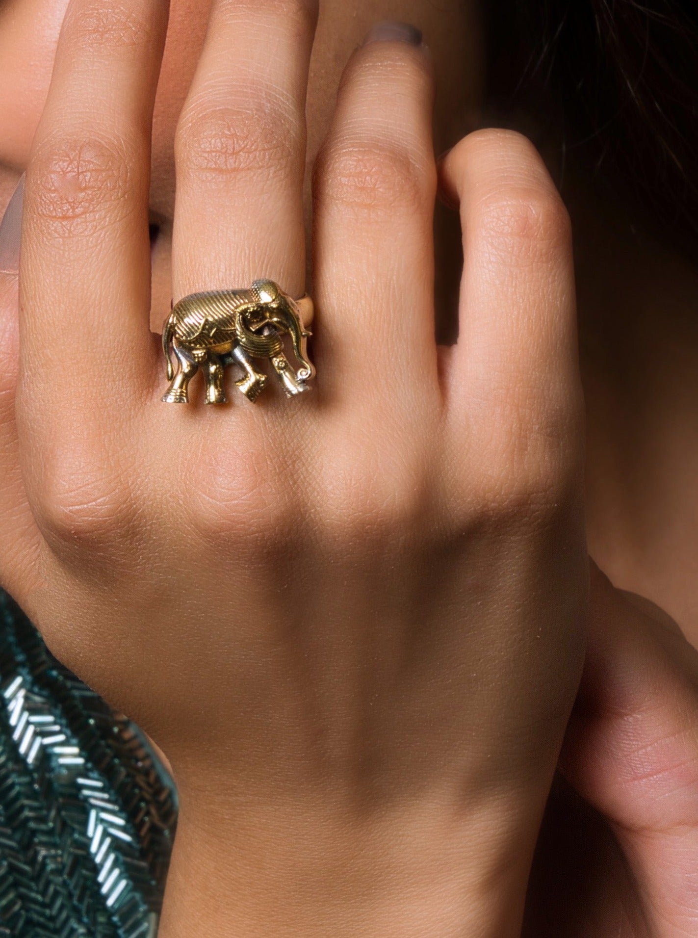 Golden Elephant Motif Oxidized Ring - QUEENS JEWELS