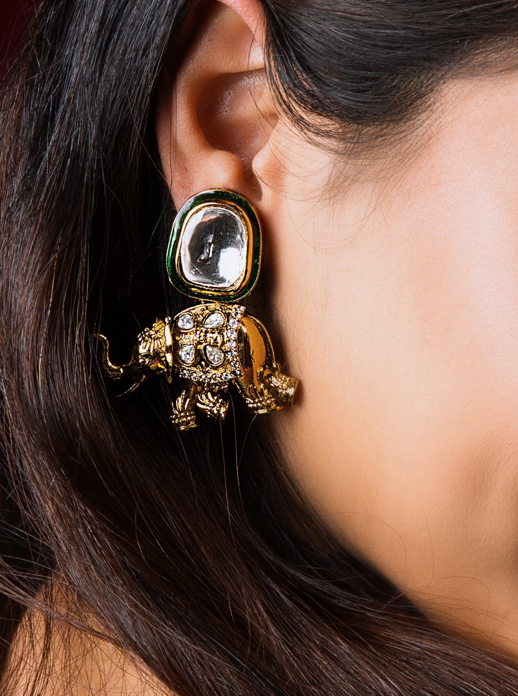 Kundan Elephant Dypón Earrings: Bold, innovative design inspired by architectural elements