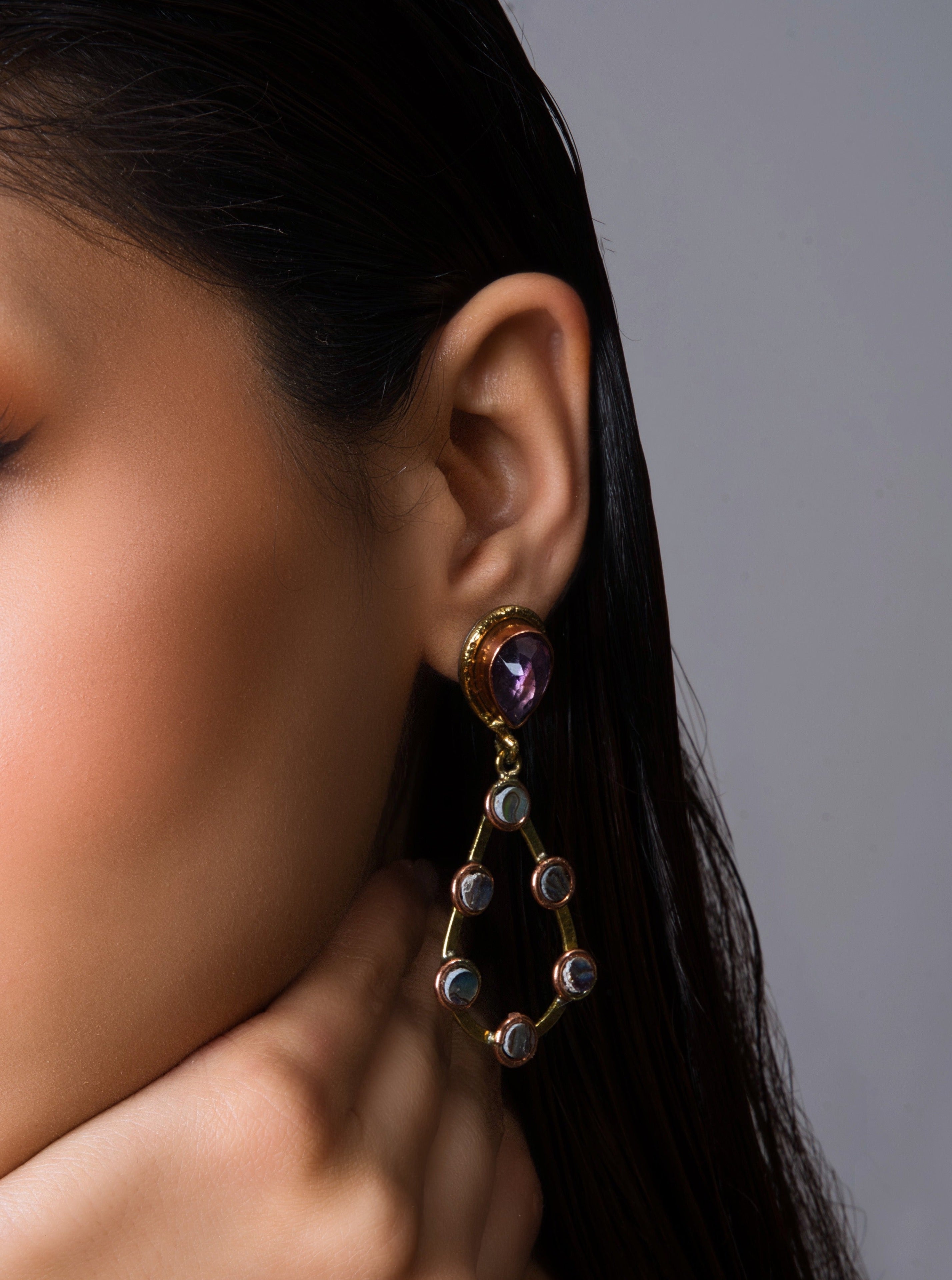 Amethyst Blackshell Drop Earrings: Sustainable, handcrafted earrings offering bold hues and versatile style for a confident, nature-inspired look