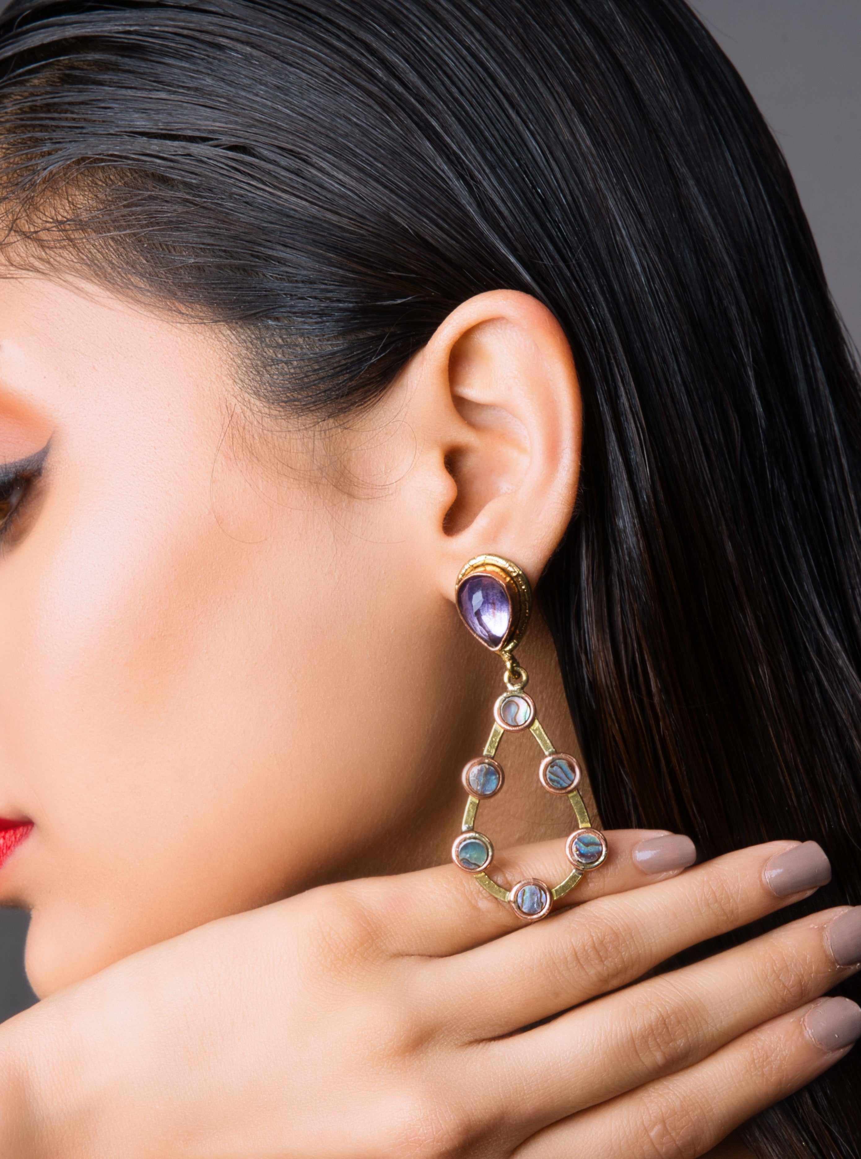 Amethyst Blackshell Drop Earrings: Sustainable, handcrafted earrings offering bold hues and versatile style for a confident, nature-inspired look