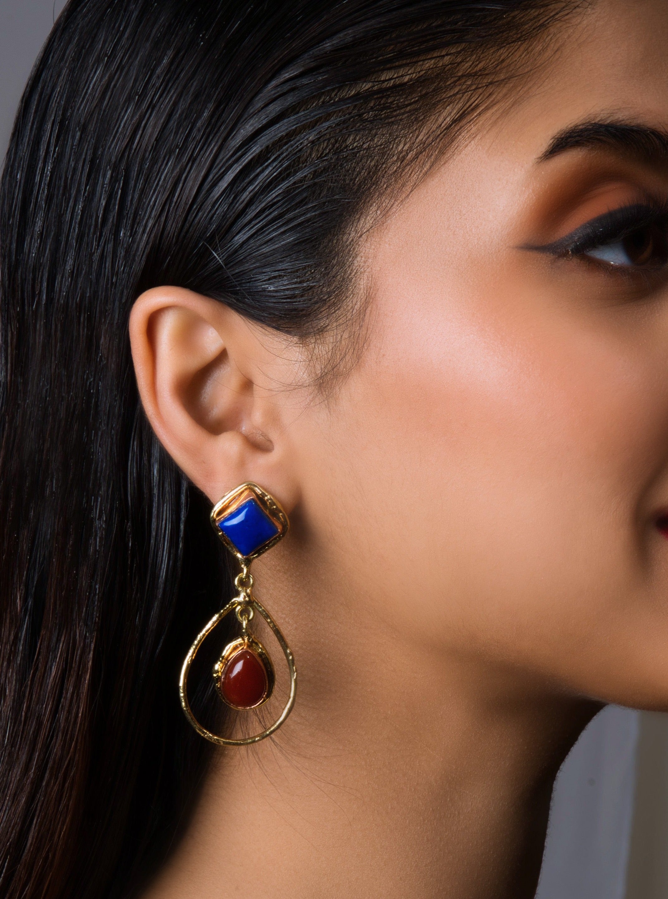 "Lapis Lazuli Two Stone Earrings: Handmade urban chic jewelry with minimalist design and geometric shapes, perfect for making a stylish statement