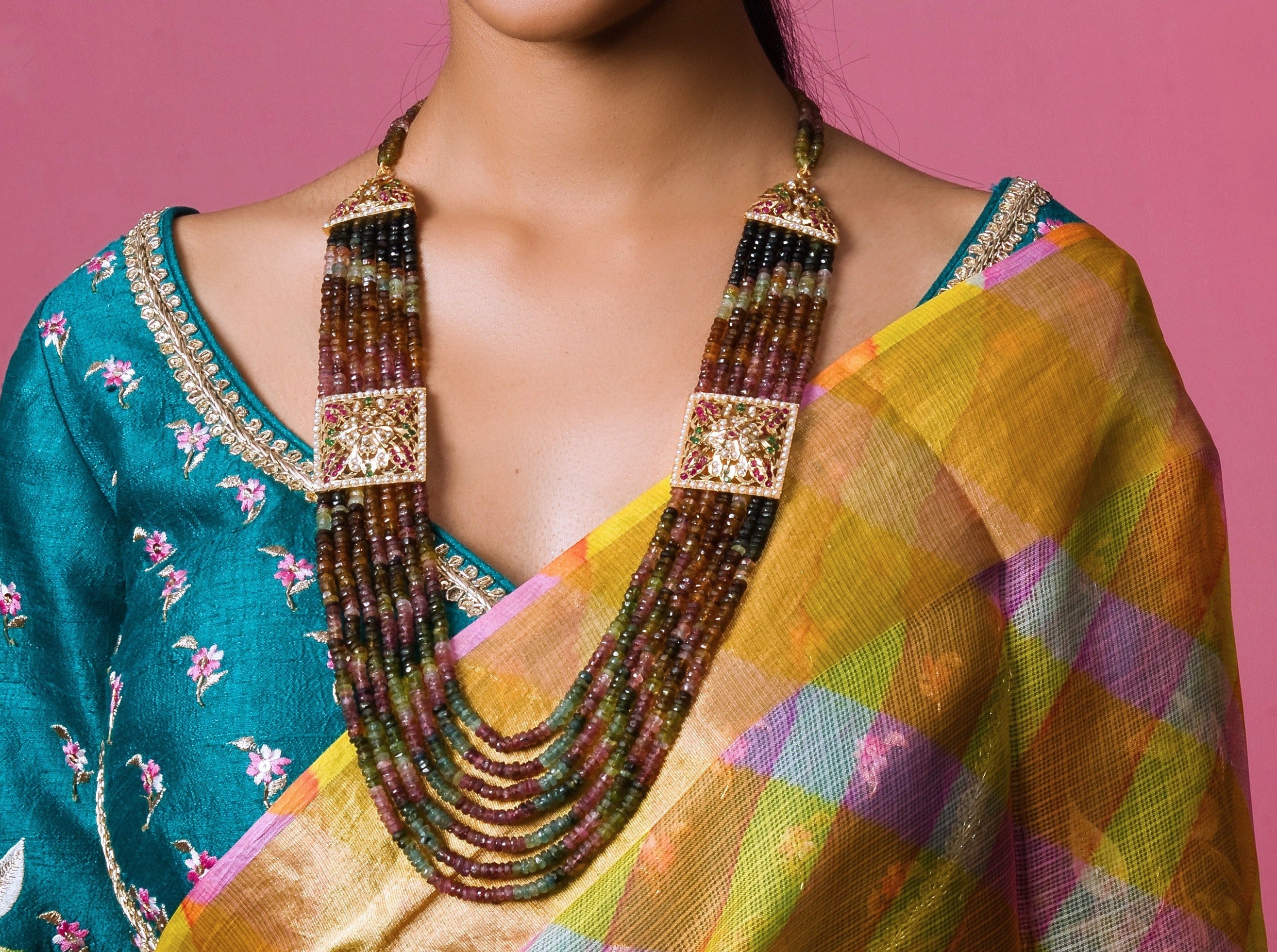 Semi-Precious Tourmaline Multilayer Jadau Necklace: Artisan-crafted elegance for your collection