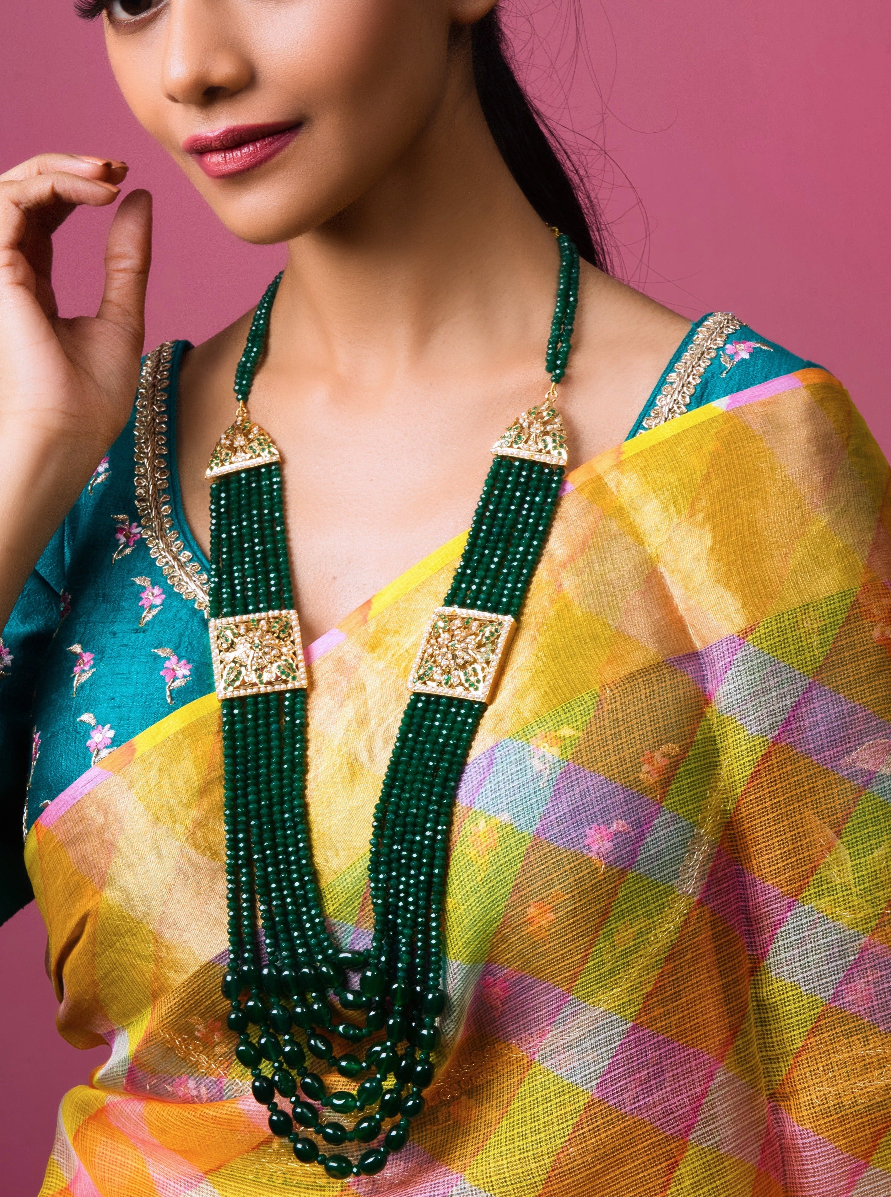 Emerald Green Jadau Tukdi Necklace - QUEENS JEWELS