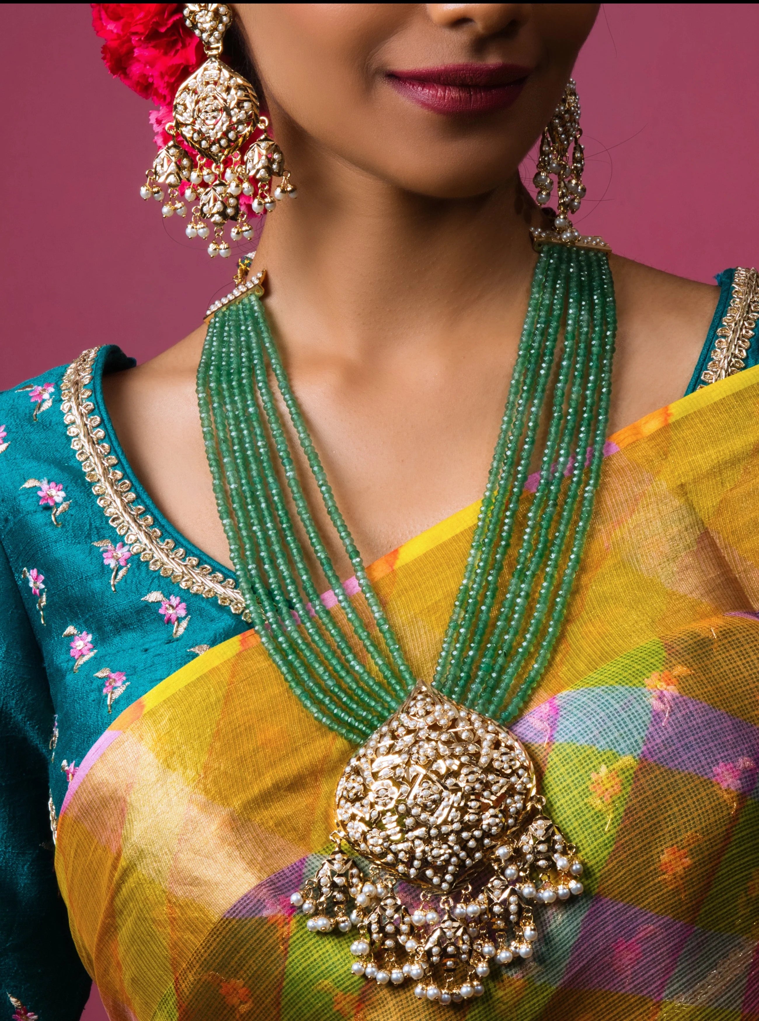 Emerald Green Elegant Jadau Bridal Ensemble (Necklace and Earrings) - QUEENS JEWELS