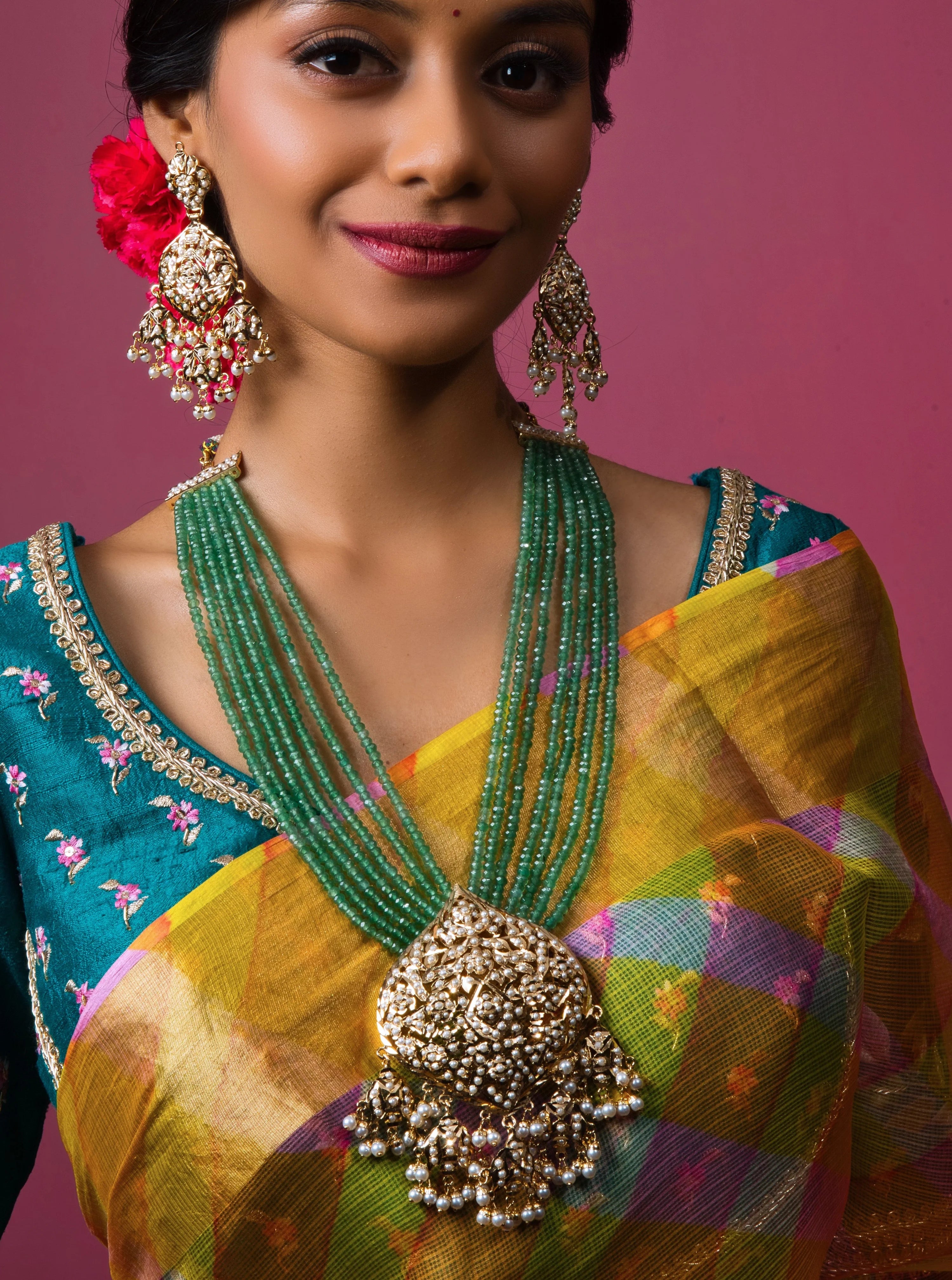 Emerald Green Elegant Jadau Bridal Ensemble (Necklace and Earrings) - QUEENS JEWELS